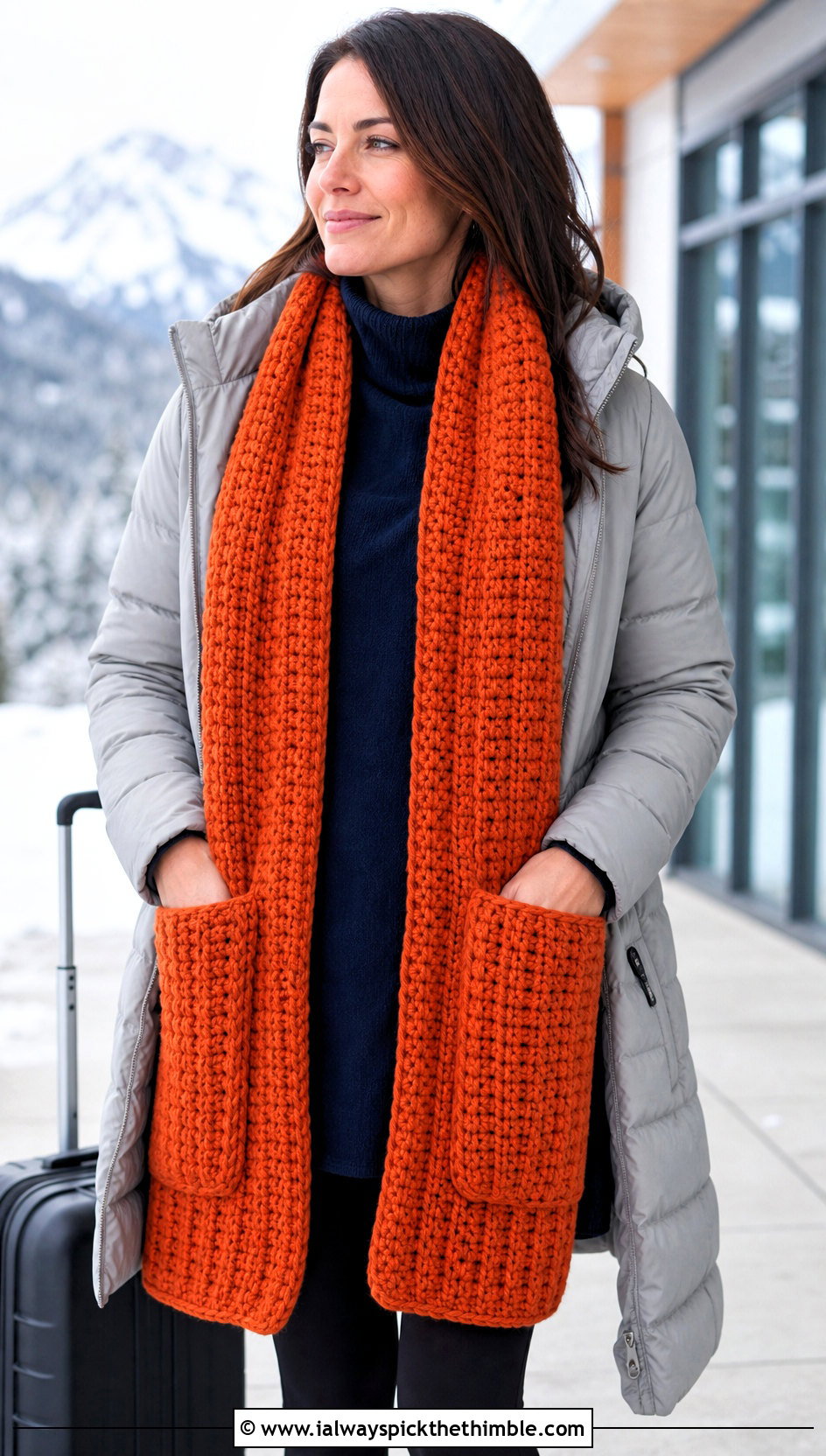 Pocket Chunky Crochet Scarf With Leggings - 25 chunky crochet scarf outfit ideas