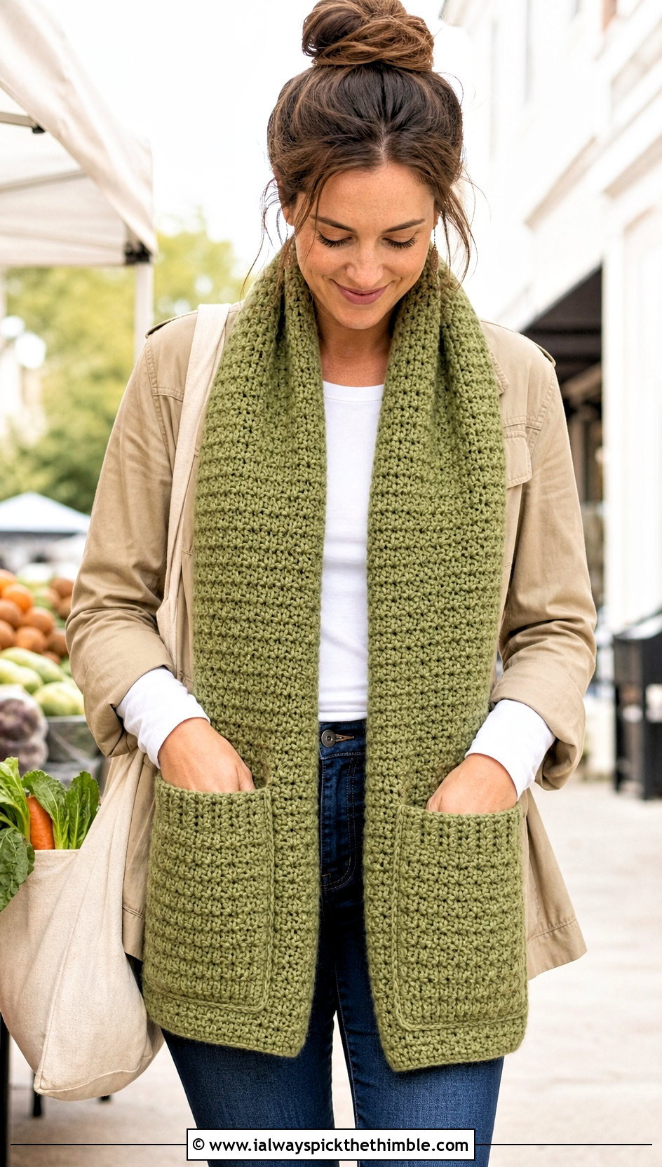 Pocket Crochet Blanket Scarf With Utility Jacket - 25 crochet blanket scarf outfit ideas