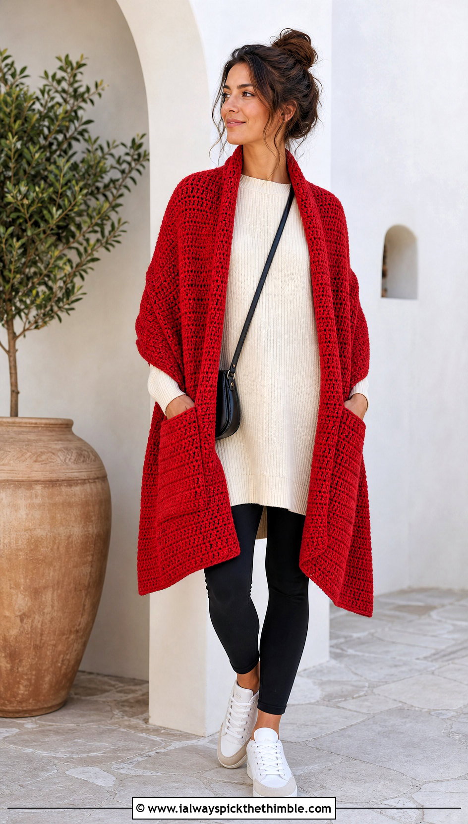 Pocket Crochet Chunky Shawl With Leggings - 20 Crochet Chunky Shawl outfit ideas