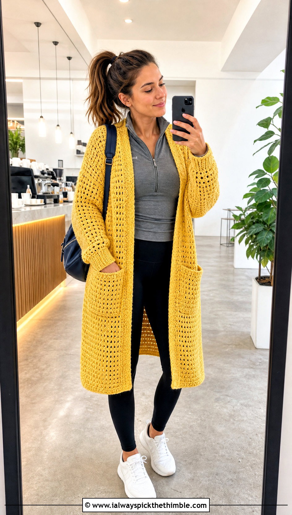 Pocket Crochet Long Shawl With Leggings - 20 Crochet Long Shawl outfit ideas