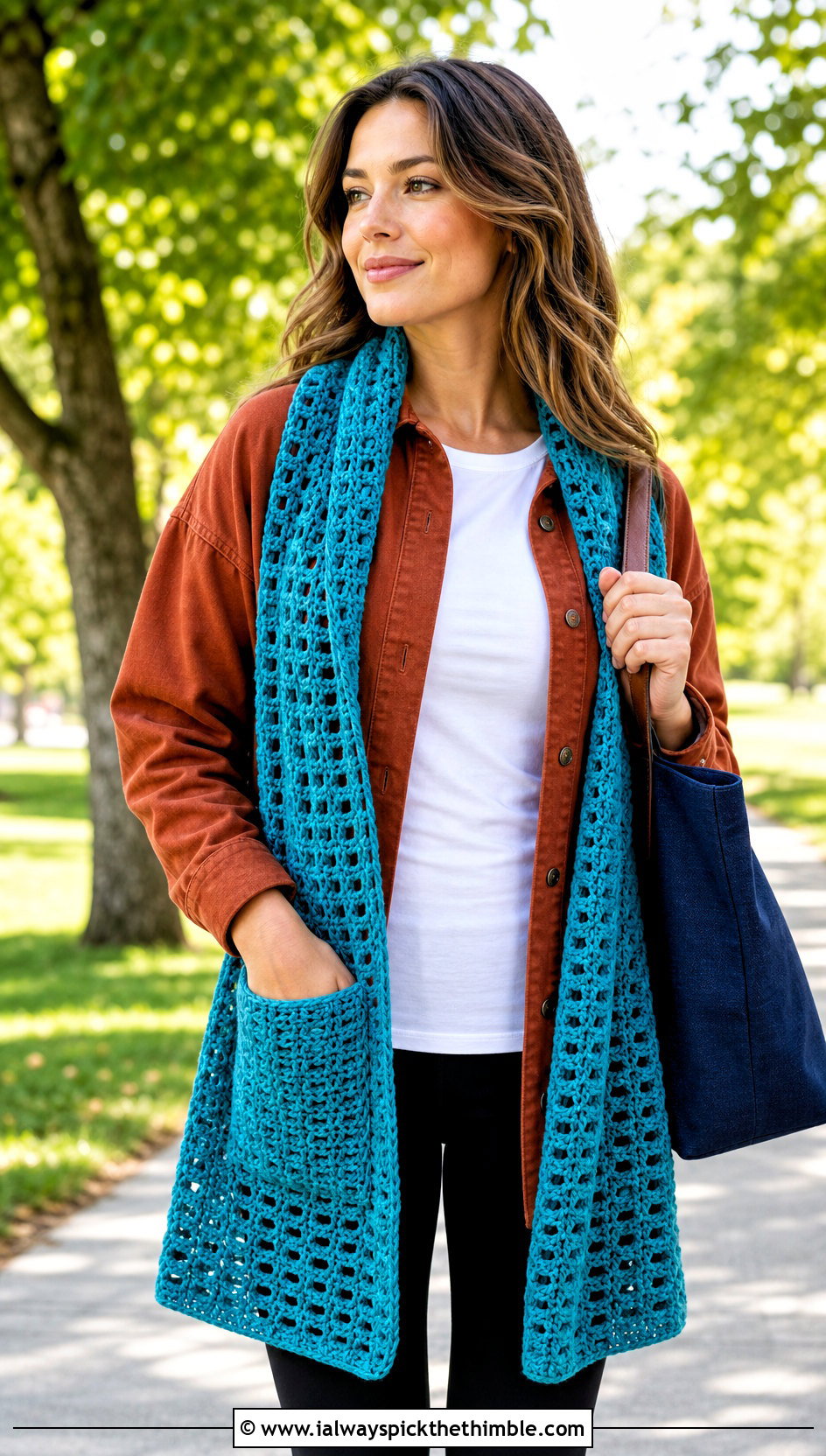 Pocket Crochet Mesh Scarf With Shacket And Leggings - 20 Crochet Mesh Scarf outfit ideas