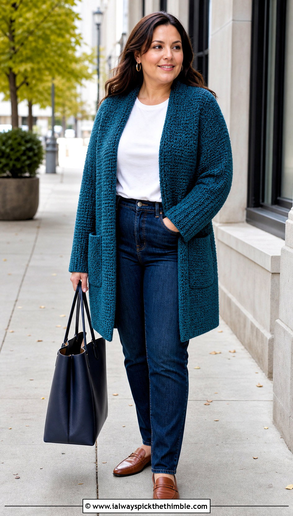 Pocket Crochet Moss Stitch Coatigan With Straight Jeans - 20 crochet moss stitch cardigan outfit ideas