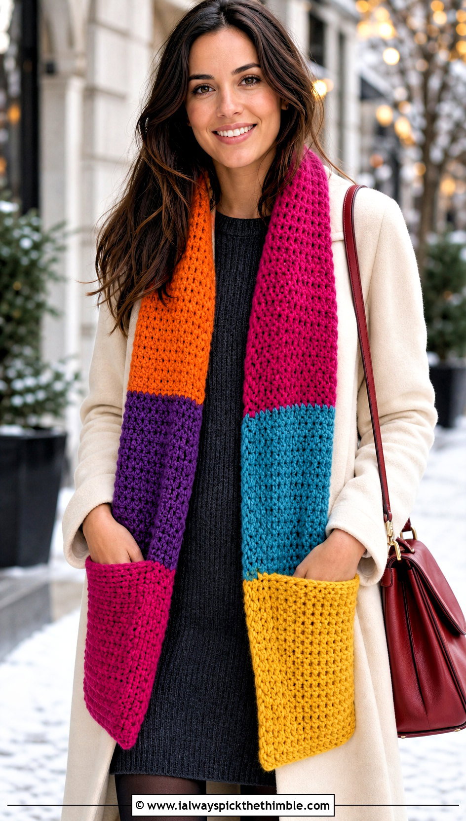 Pocket Crochet Rainbow Scarf With Sweater Dress And Boots - 15 Crochet Rainbow Scarf outfit ideas