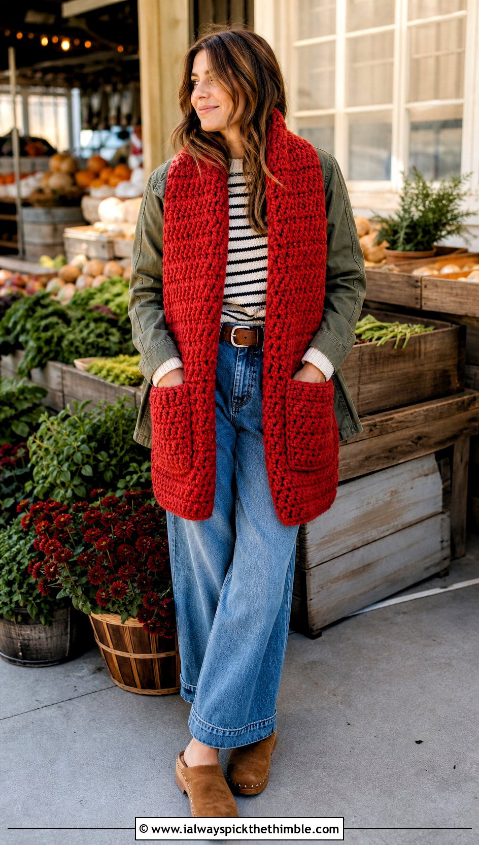 Pocket Crochet Scarf With Barn Jacket And Jeans - 15 Super Bulky Crochet Scarf outfit ideas