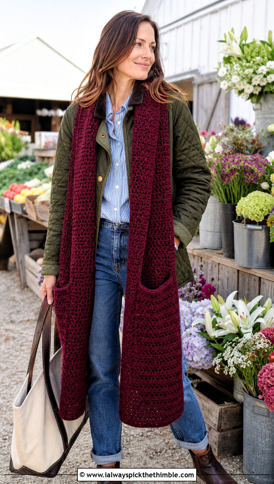 Pocket Crochet Scarf With Barn Jacket - 20 autumn crochet scarf outfit ideas