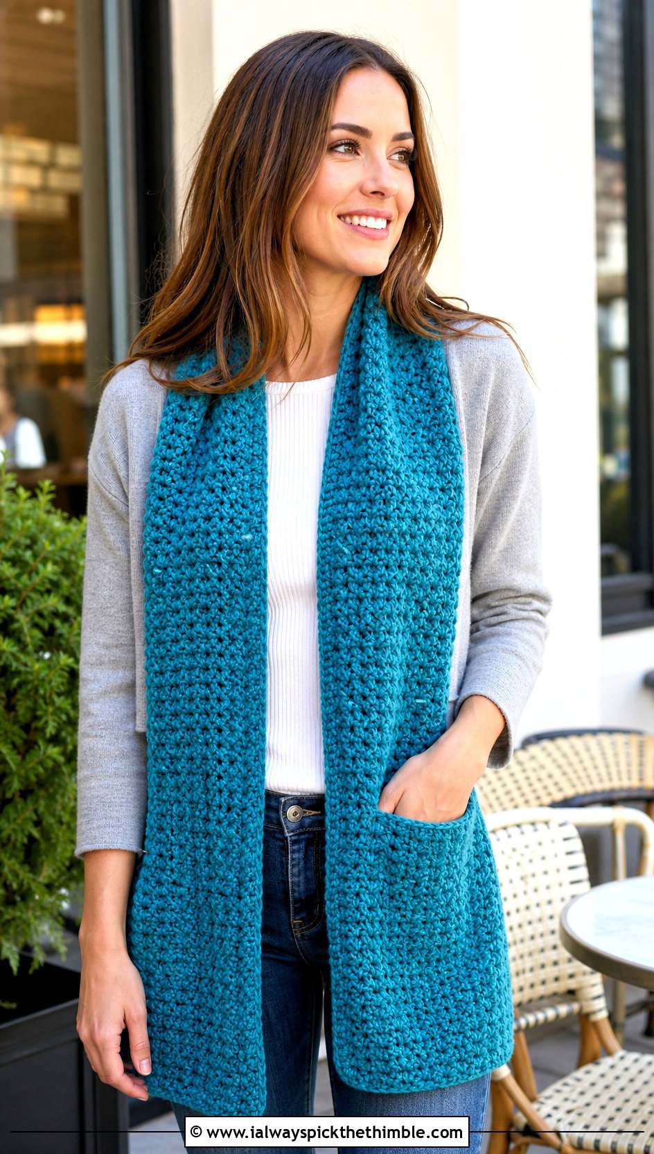 Pocket Crochet Scarf With Cardigan And Jeans - 20 Crochet Scarf For Beginners outfit ideas
