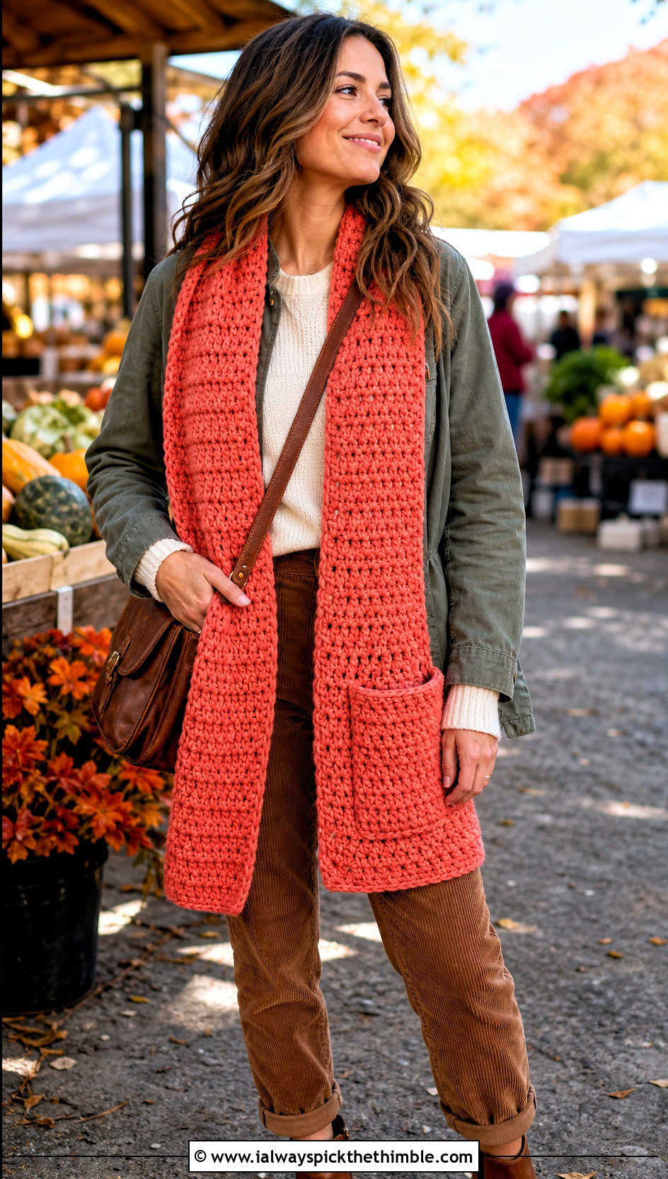 Pocket Crochet Scarf With Chore Jacket And Corduroy Pants - 20 Elegant Crochet Scarf outfit ideas