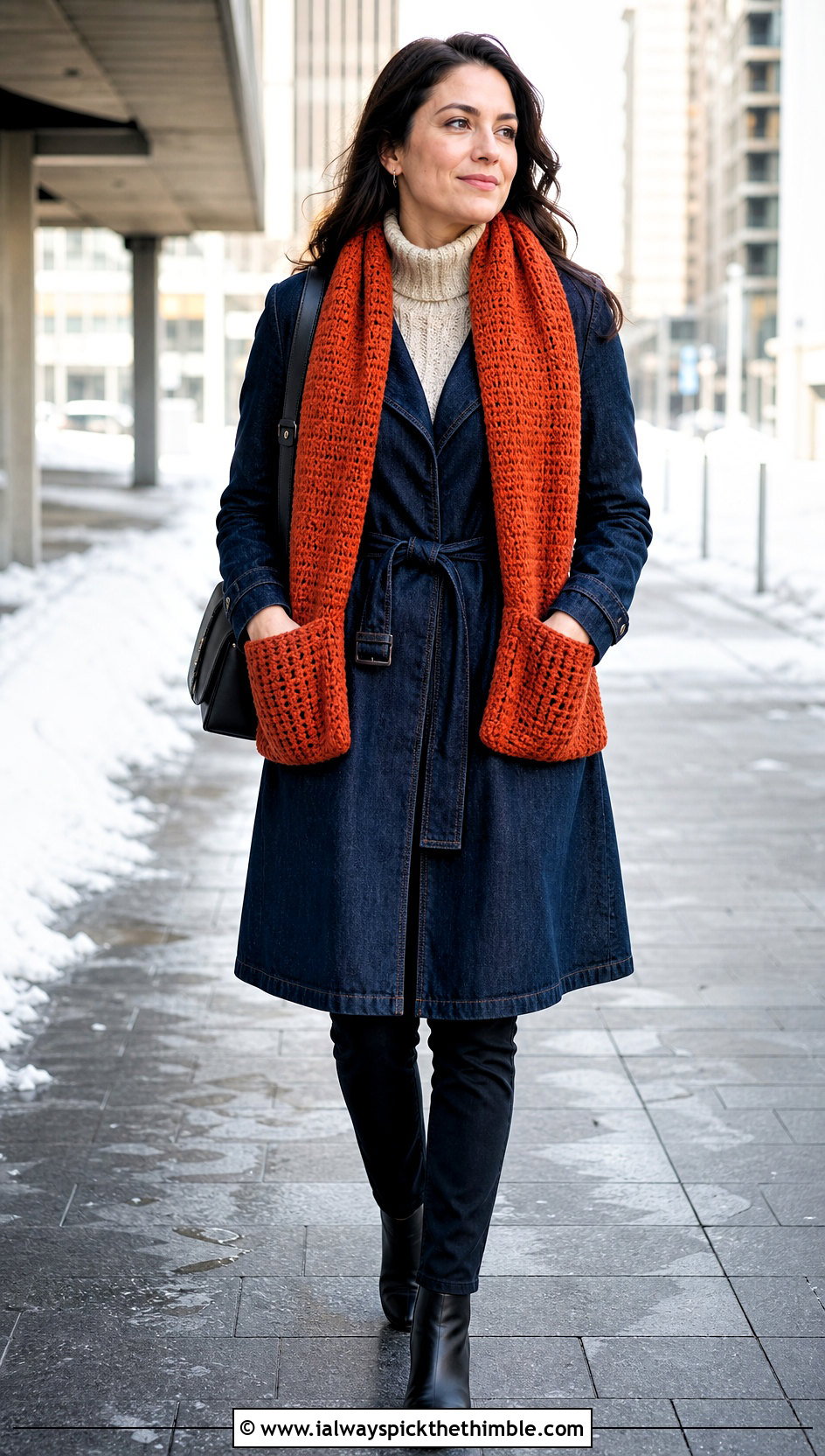 Pocket Crochet Scarf With Denim Trench Coat - 20 denim and crochet scarf outfit ideas