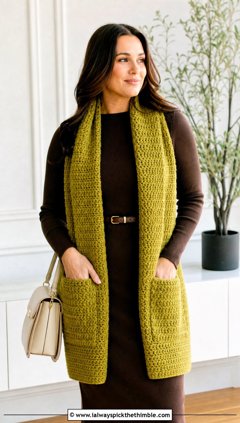 Pocket Crochet Scarf With Knit Dress - 15 beginner crochet scarf design outfit ideas