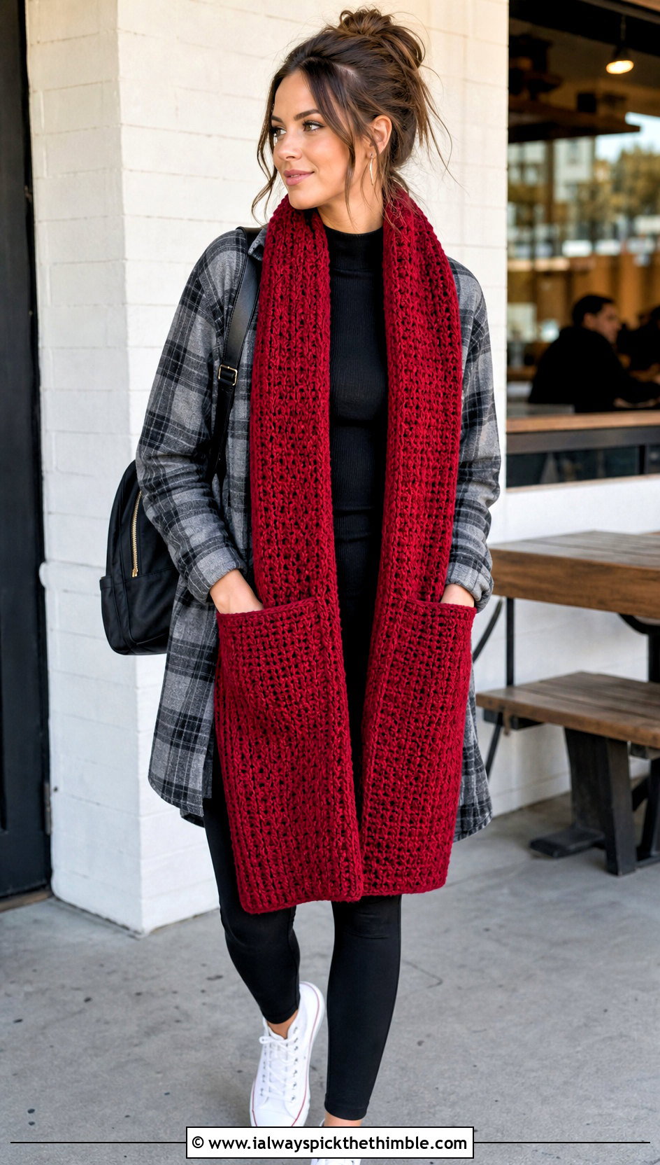 Pocket Crochet Scarf With Leggings And Shacket - 25 easy crochet scarf outfit ideas