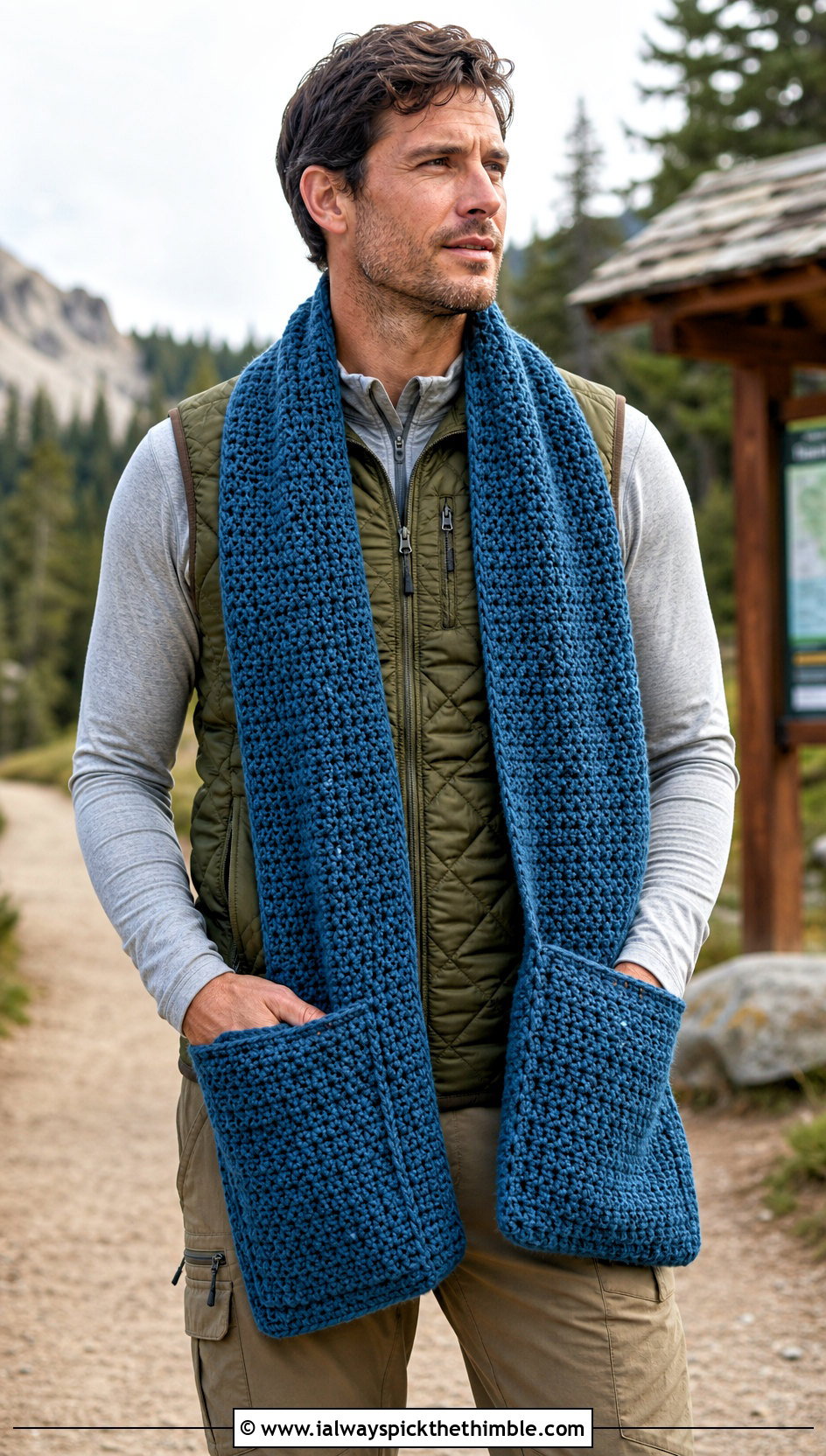 Pocket Crochet Scarf With Outdoor Outfit - 20 men's crocheted scarf outfit ideas