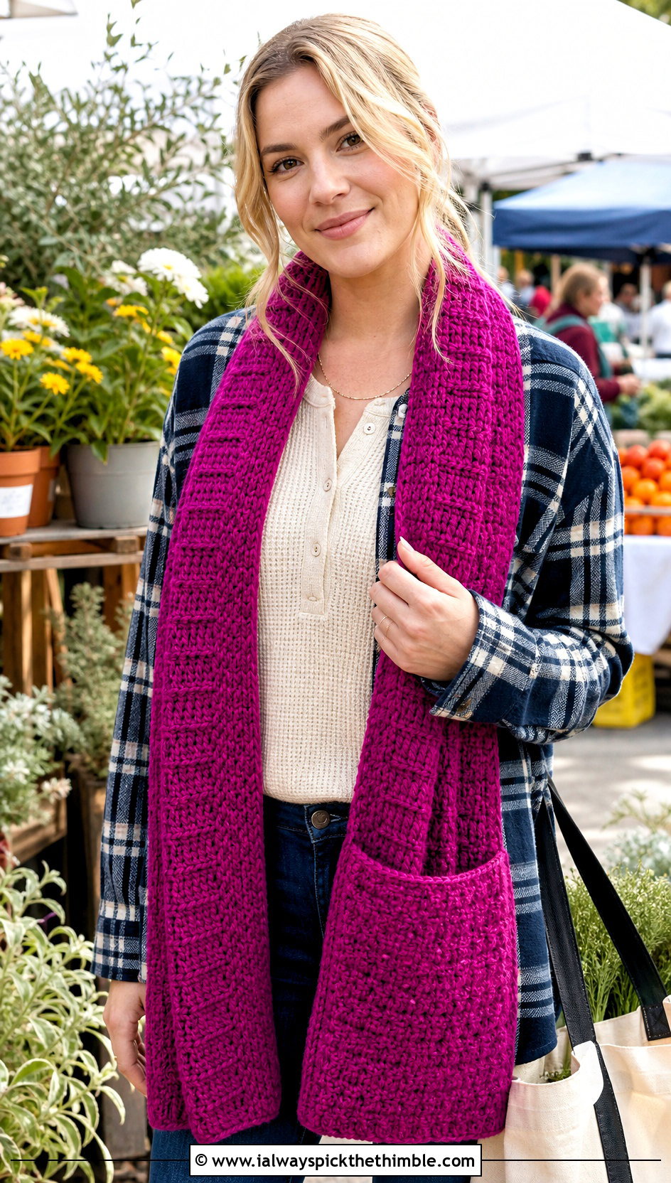 Pocket Crochet Scarf With Shacket And Jeans - 25 cute crochet scarf outfit ideas