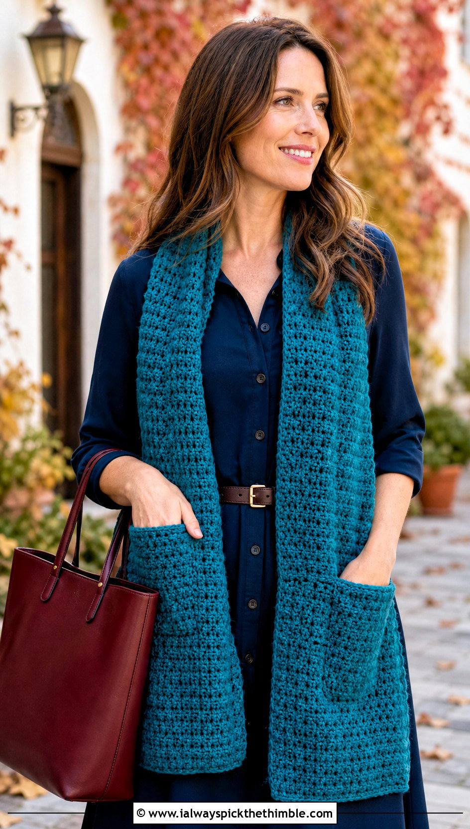 Pocket Crochet Scarf With Shirt Dress - 20 Crochet For Beginners Scarf outfit ideas