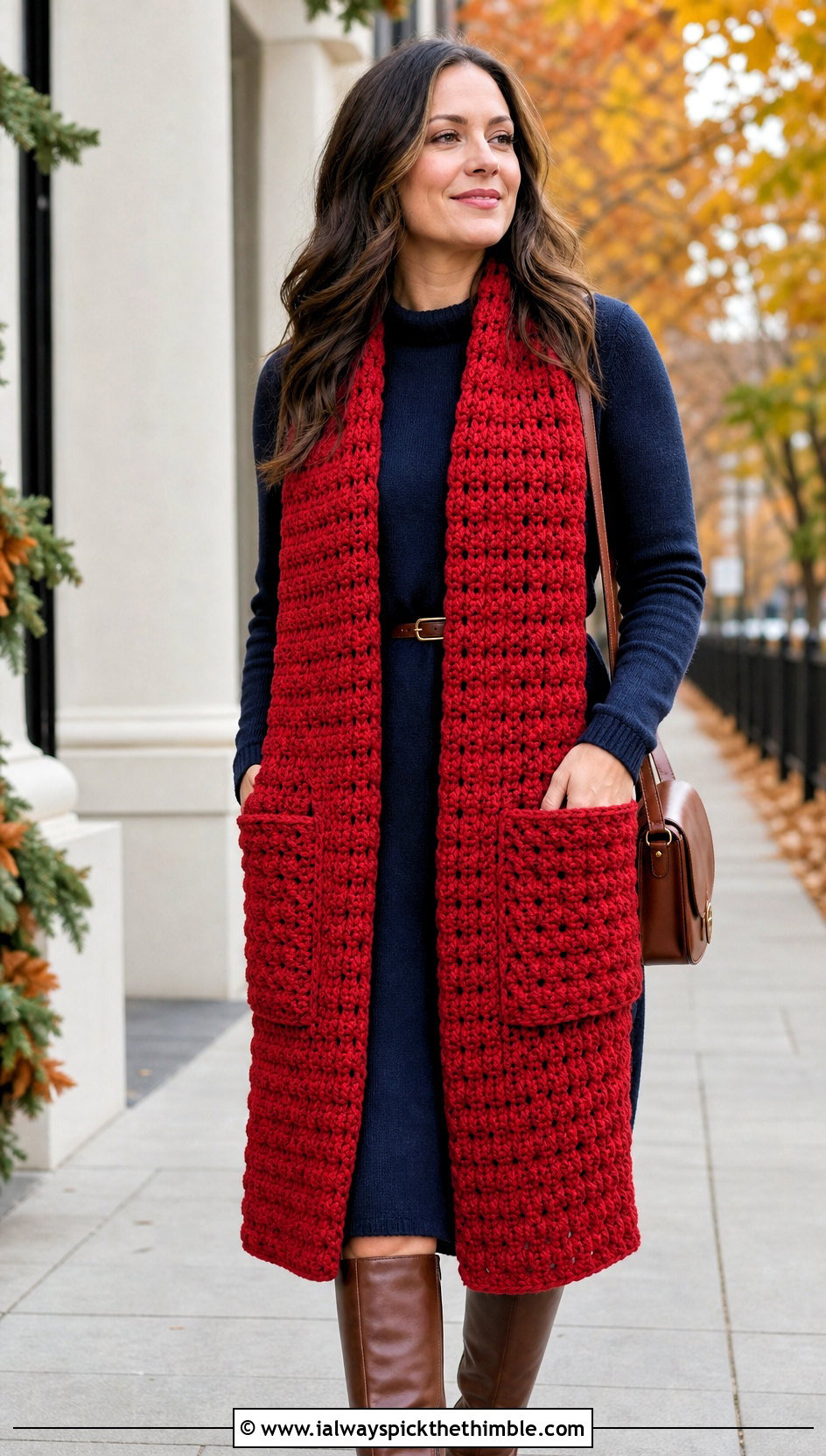 Pocket Crochet Scarf With Sweater Dress and Boots - 25 fall crochet scarf outfit ideas