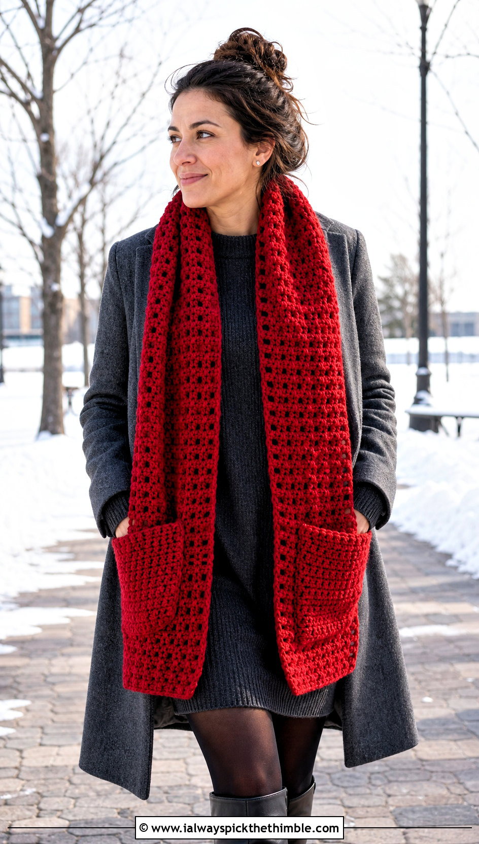 Pocket Crochet Scarf With Sweater Dress - 20 easy crochet scarfs outfit ideas