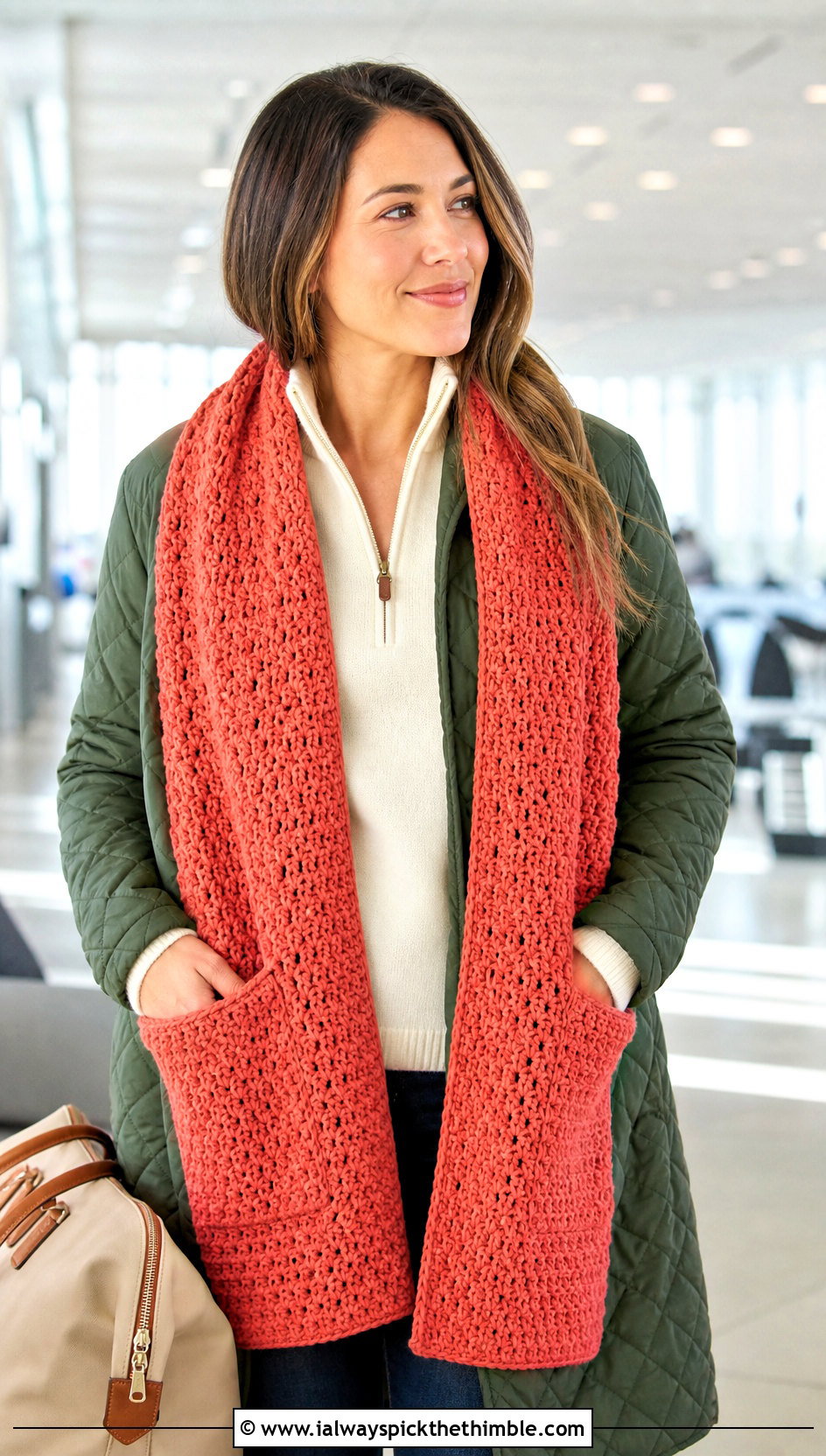 Pocket Crochet Scarf With Travel Outfit - 25 Winter Crochet Scarf outfit ideas