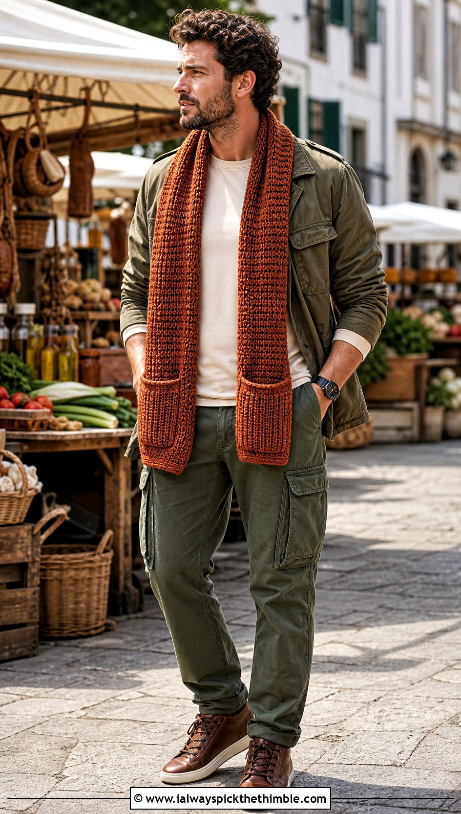 Pocket Crochet Scarf With Utility Jacket - 20 Mens Crochet Scarf outfit ideas