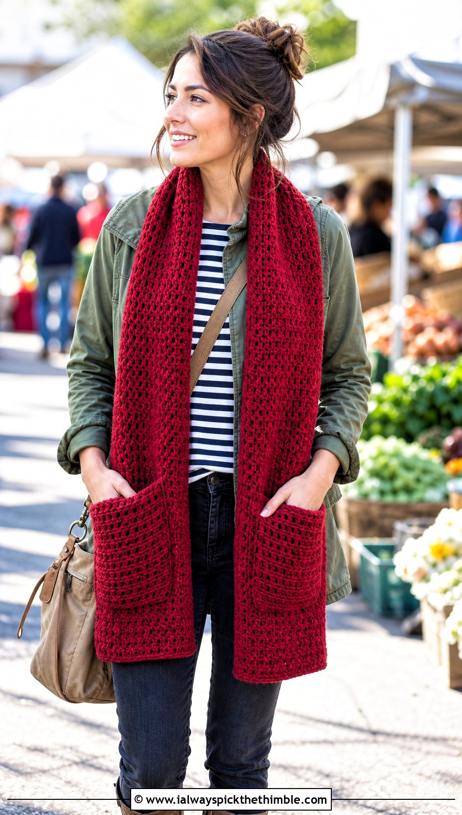 Pocket Crochet Scarf With Utility Jacket - 25 crochet scarves outfit ideas