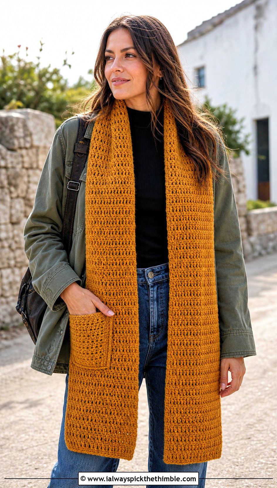 Pocket Crochet Scarf With Utility Jacket And Relaxed Jeans - 20 one row repeat crochet scarf outfit ideas