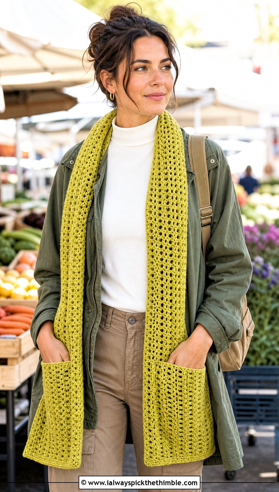 Pocket Crochet Scarf With Utility Jacket - 15 Crochet Fancy Scarf outfit ideas