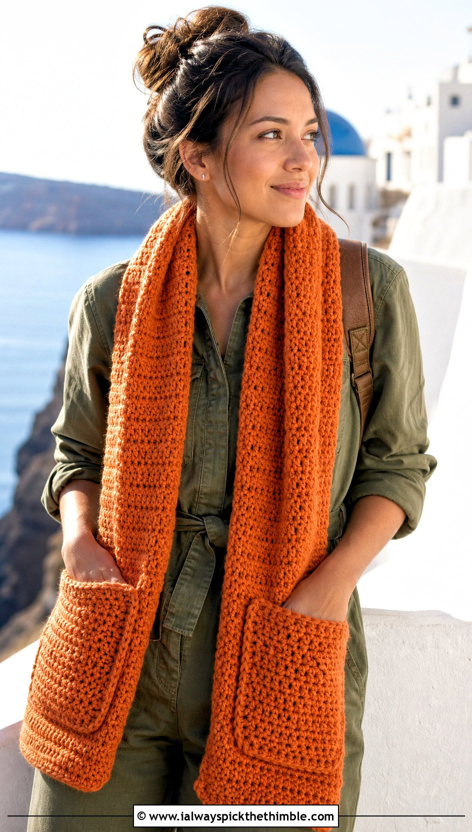Pocket Crochet Scarf With Utility Jumpsuit - 20 Crochet Scarf Worsted Weight Yarn outfit ideas