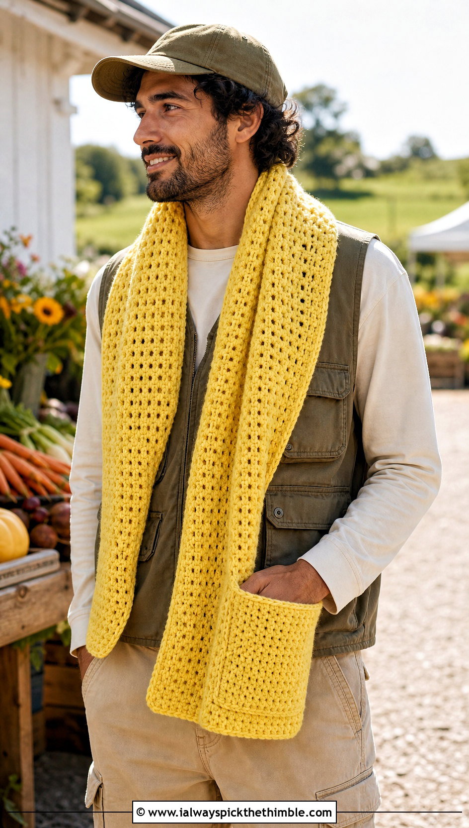 Pocket Crochet Scarf With Utility Vest - 25 men's crochet scarf outfit ideas