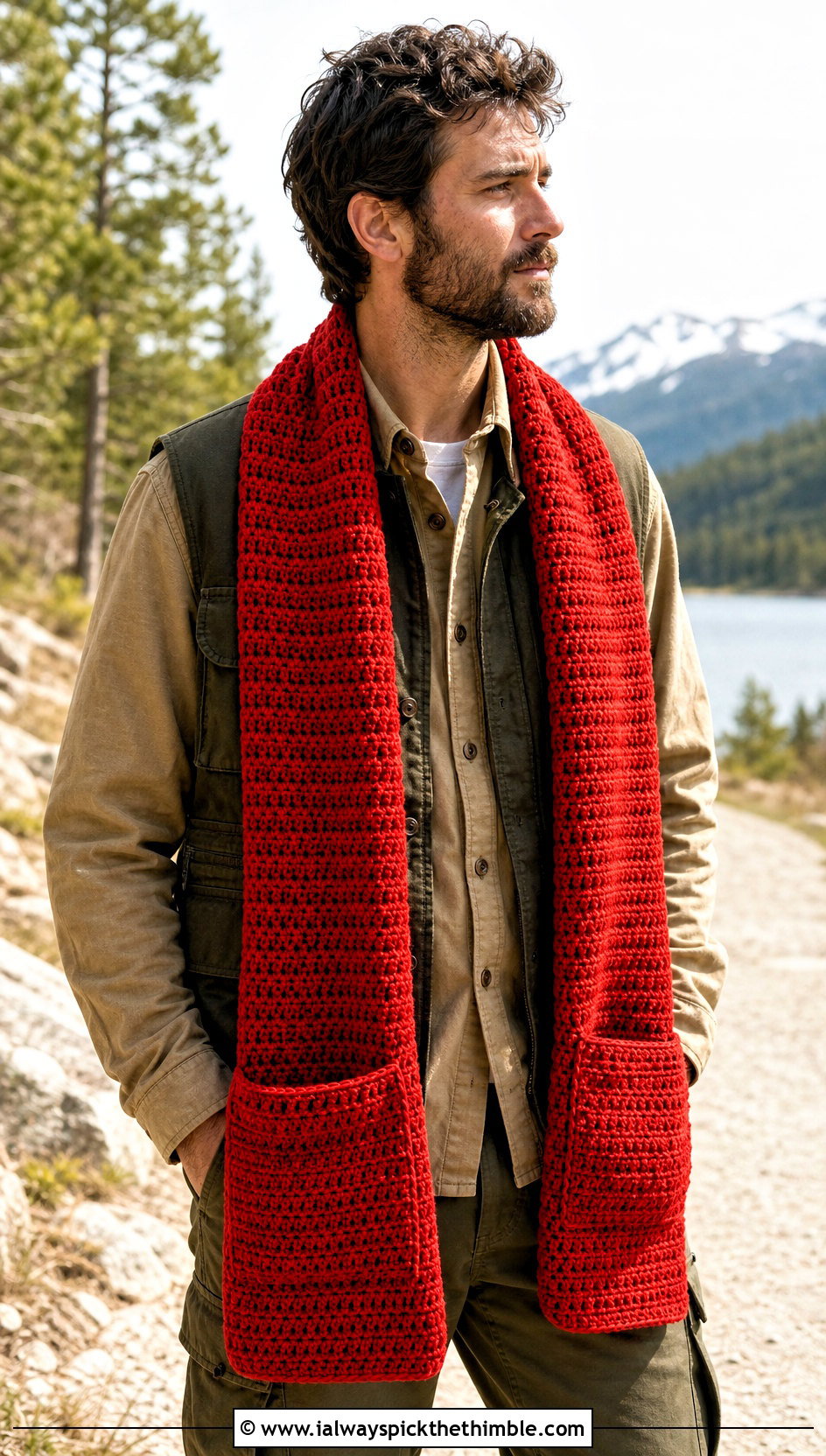Pocket Crochet Scarf With Utility Vest - 25 crochet scarf for men outfit ideas