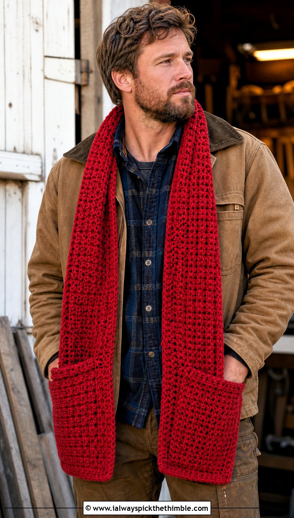 Pocket Crochet Scarf With Workwear Outfit - 25 men crochet scarf outfit ideas