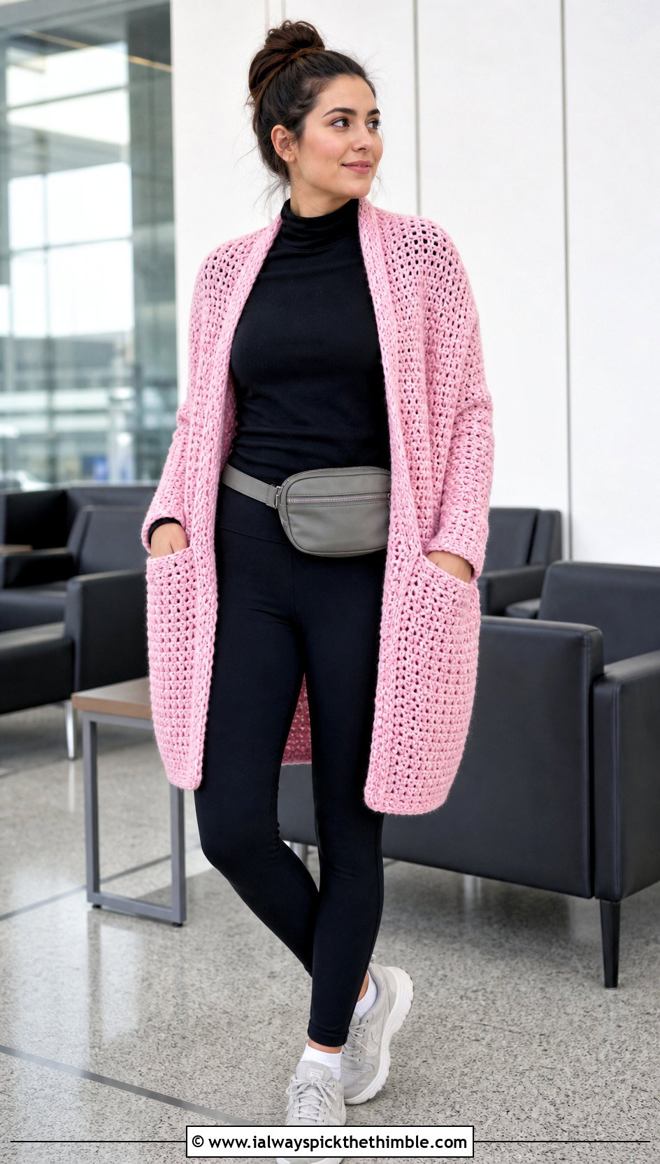 Pocket Crochet Shawl Scarf With Leggings - 20 crochet shawl scarf outfit ideas