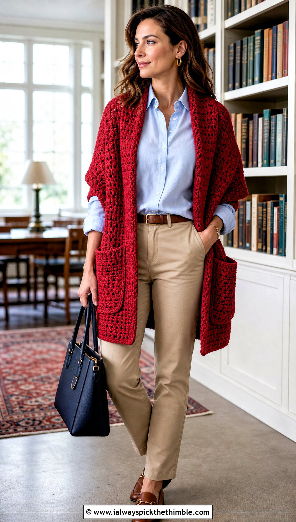 Pocket Crochet Shawl With Button Down Shirt And Chinos - 20 Spring Crochet Shawl outfit ideas