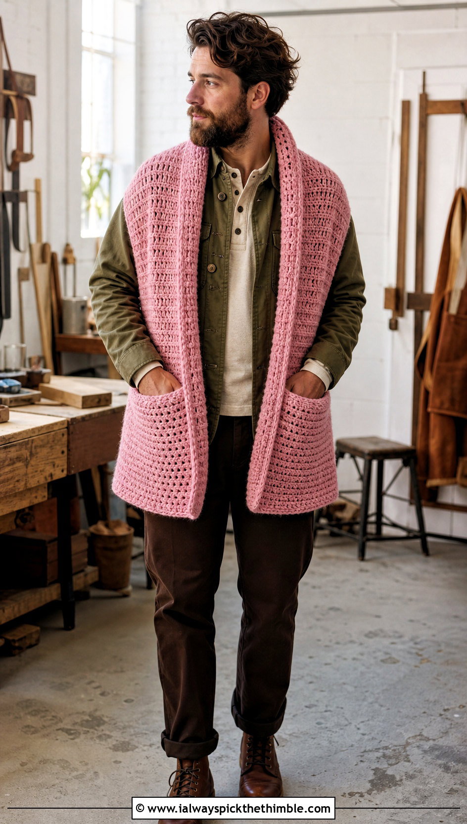 Pocket Crochet Shawl With Chore Coat - 20 crochet shawl for men outfit ideas