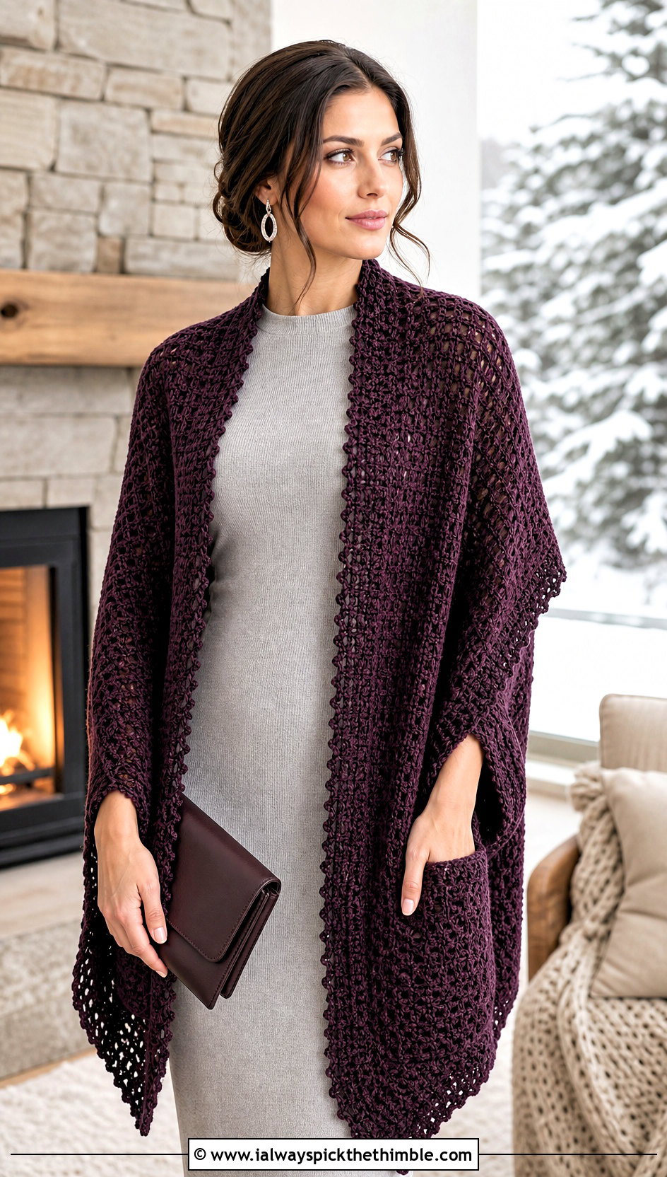 Pocket Crochet Shawl With Knit Column Dress - 15 Winter Wedding Crochet Shawl outfit ideas