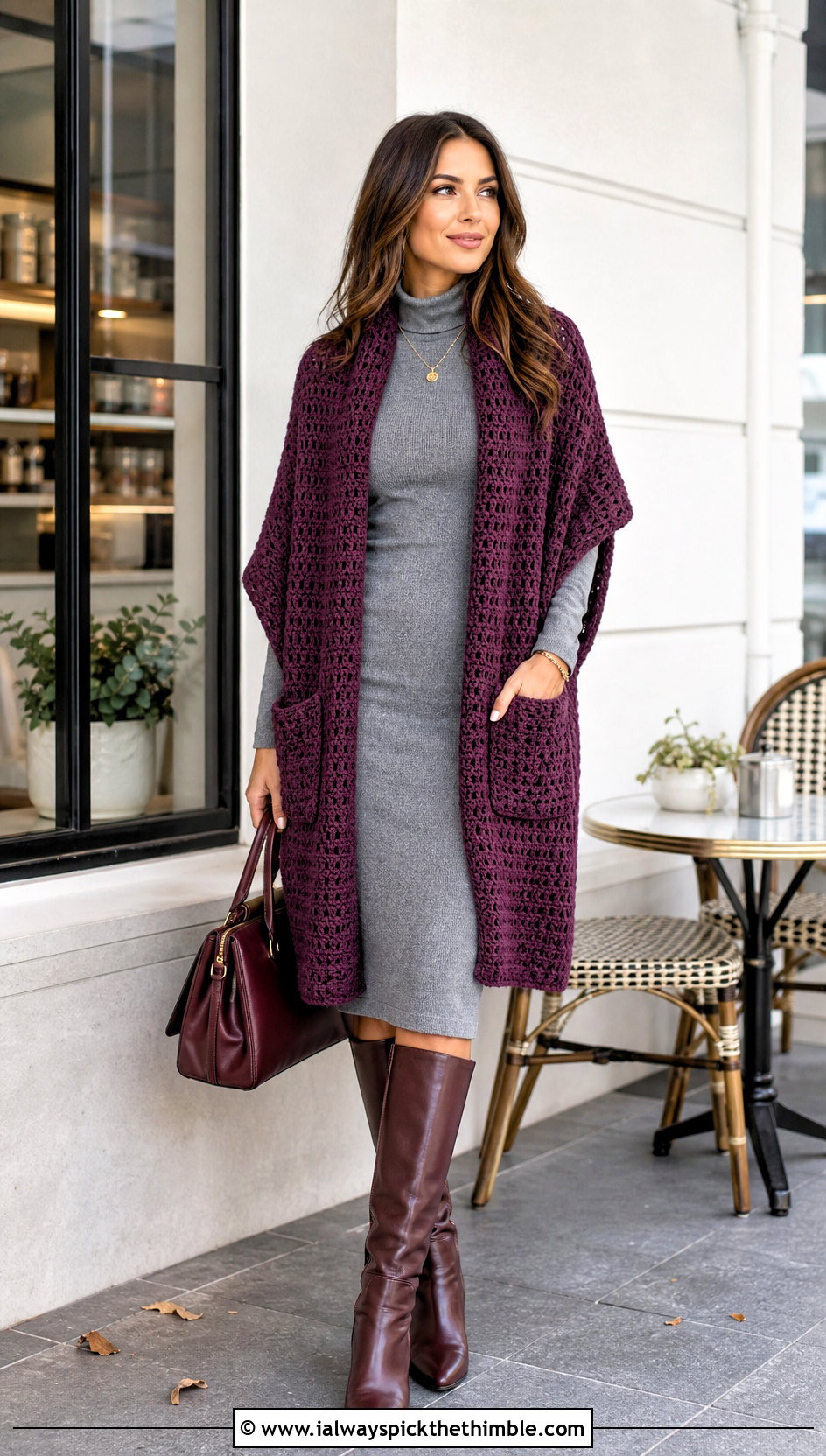 Pocket Crochet Shawl With Knit Dress - 25 crochet wrap shawl outfit ideas