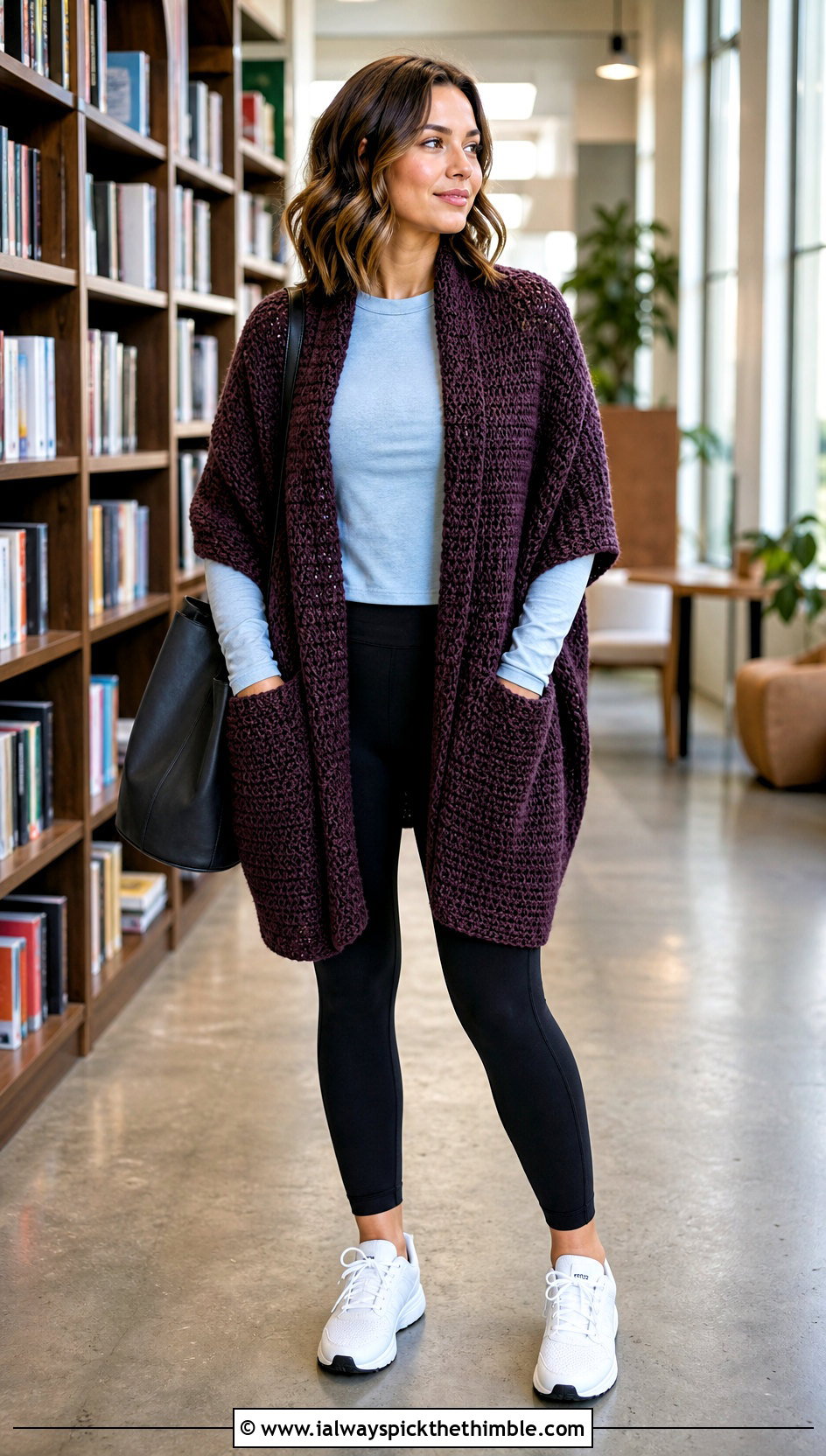Pocket Crochet Shawl With Leggings - 25 quick crochet shawl outfit ideas