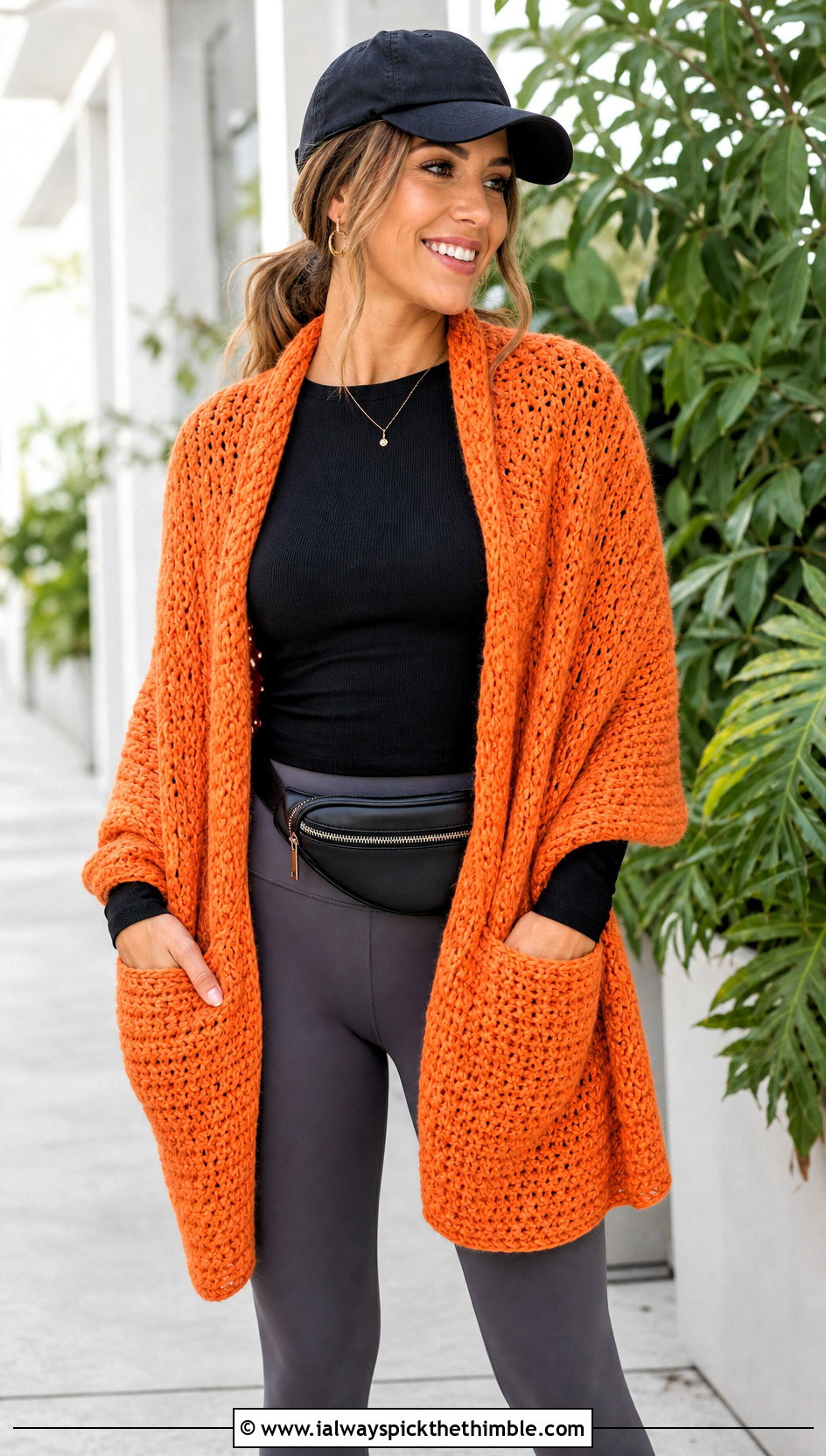 Pocket Crochet Shawl With Leggings And Sneakers - 25 crochet shawl outfit ideas