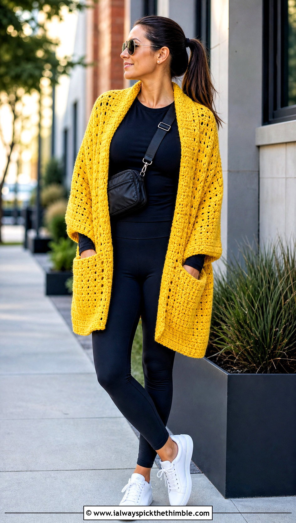 Pocket Crochet Shawl With Leggings And Sneakers - 20 Fall Crochet Shawl outfit ideas