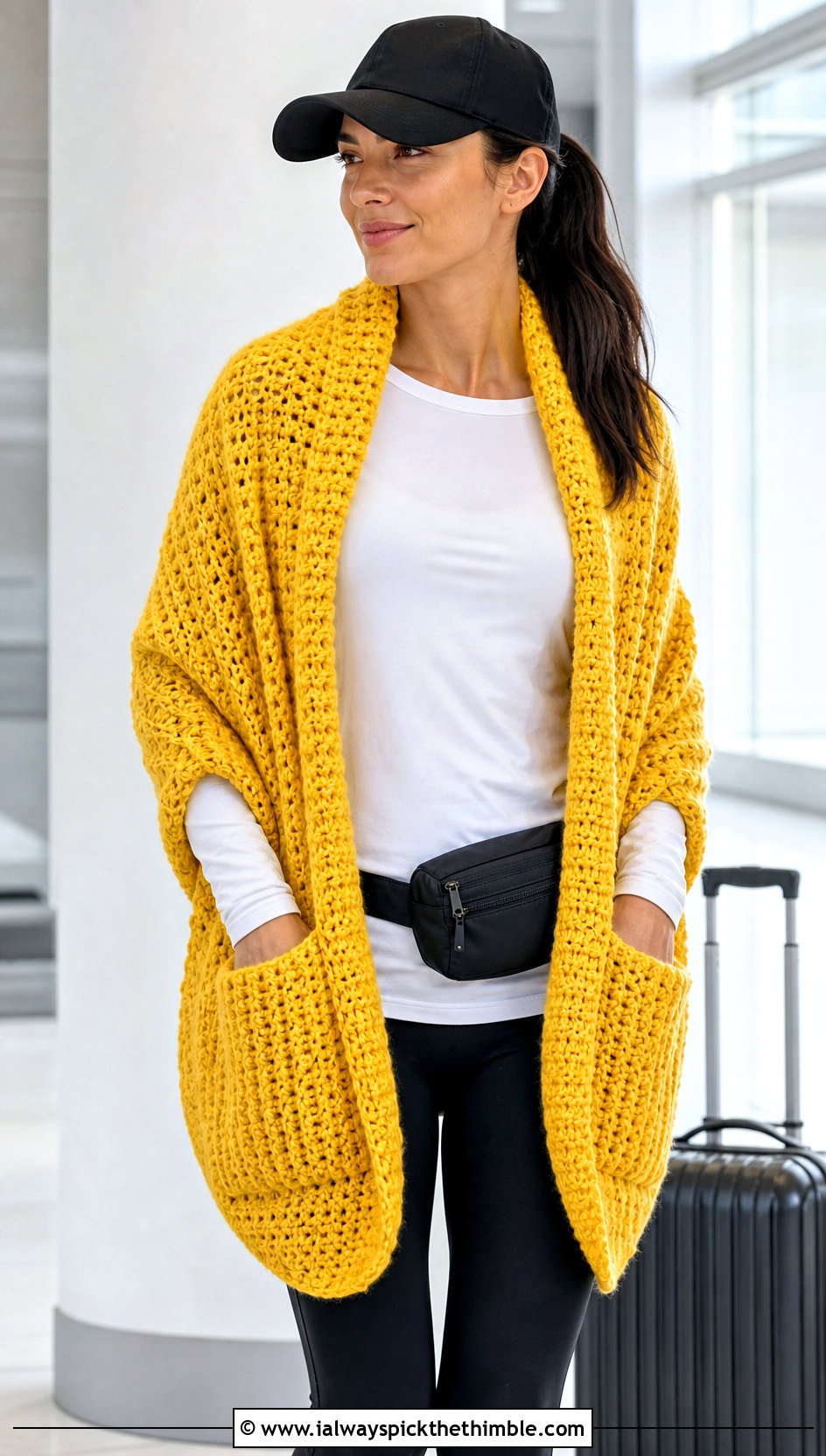 Pocket Crochet Shawl With Leggings - 15 bright crochet shawl outfit ideas