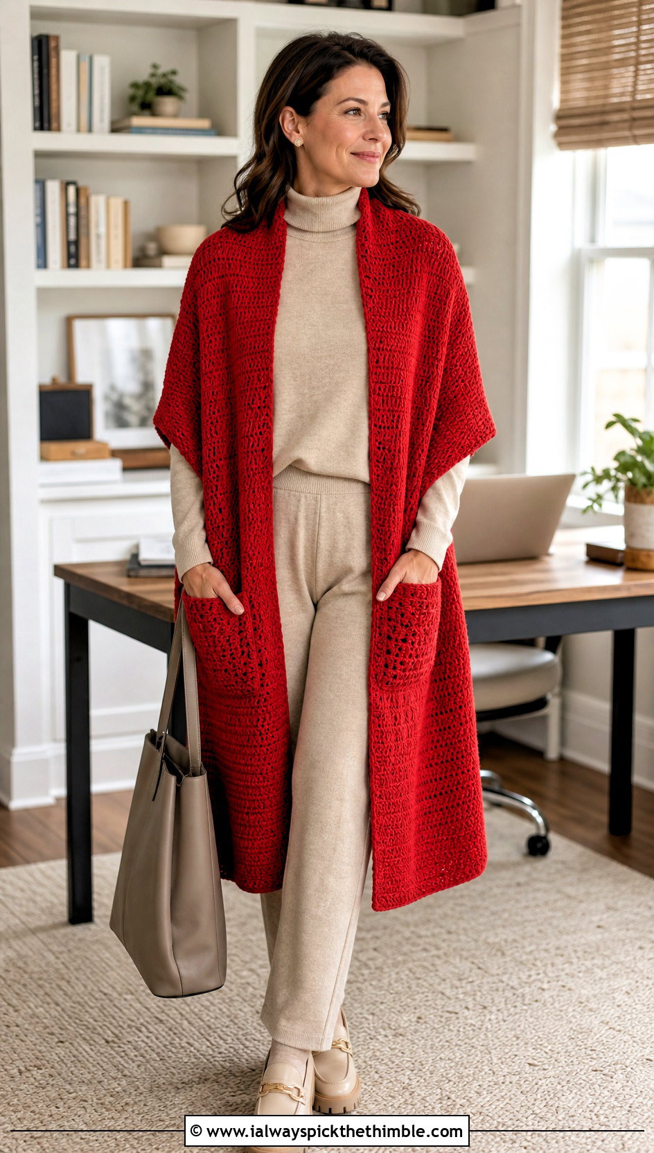 Pocket Crochet Shawl With Monochrome Knitwear - 20 Crochet For Shawl outfit ideas