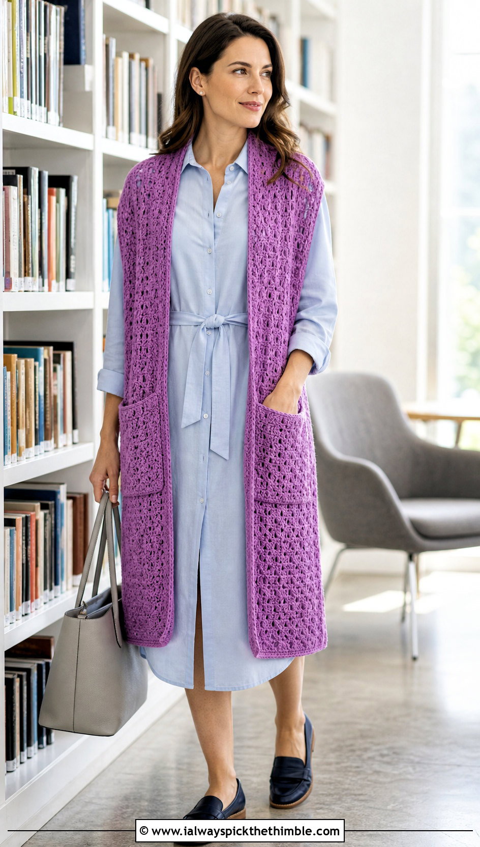 Pocket Crochet Shawl With Shirt Dress - 20 Elegant Crochet Shawl outfit ideas
