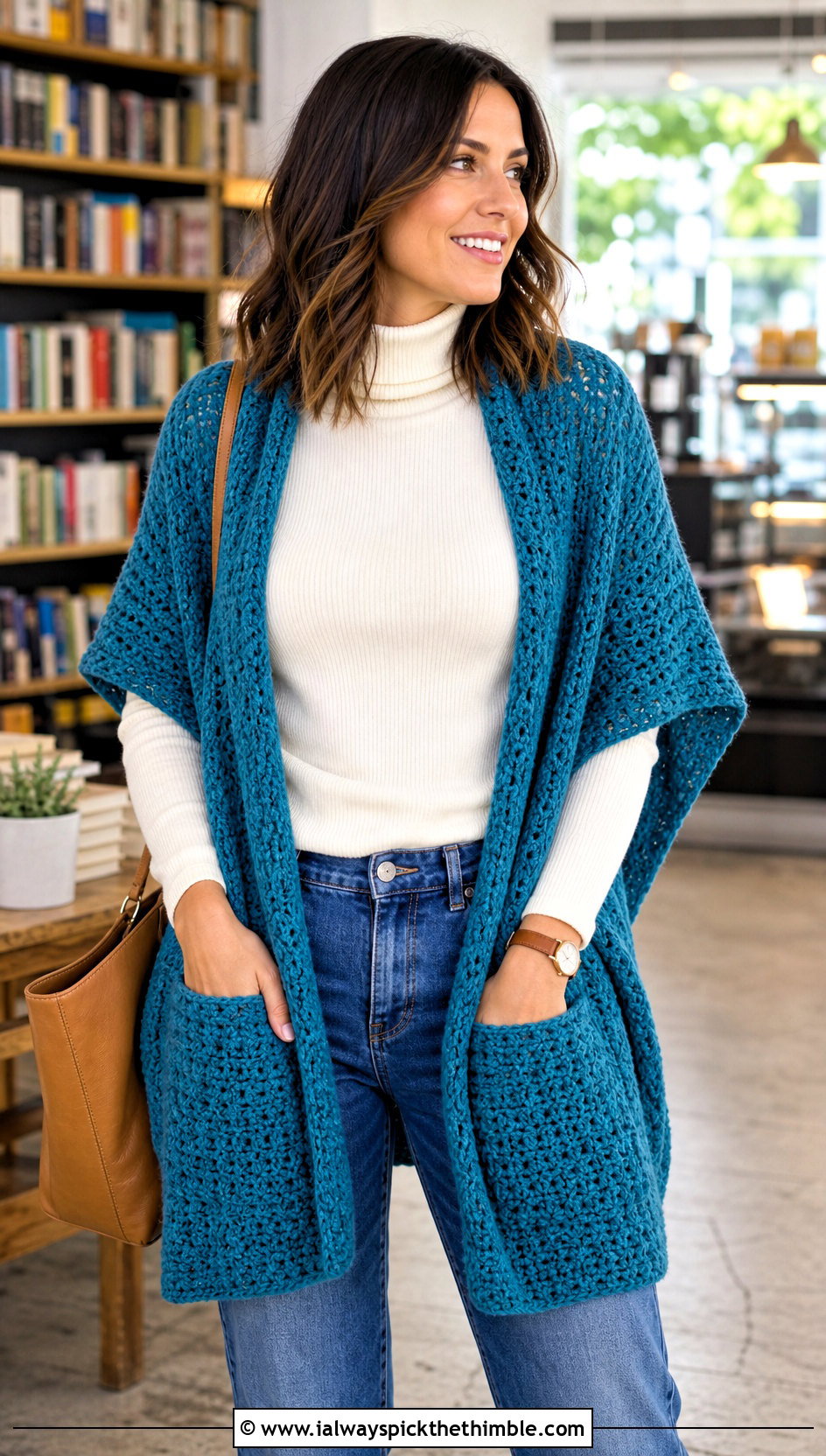 Pocket Crochet Shawl With Straight Leg Jeans - 20 boho crochet shawl outfit ideas