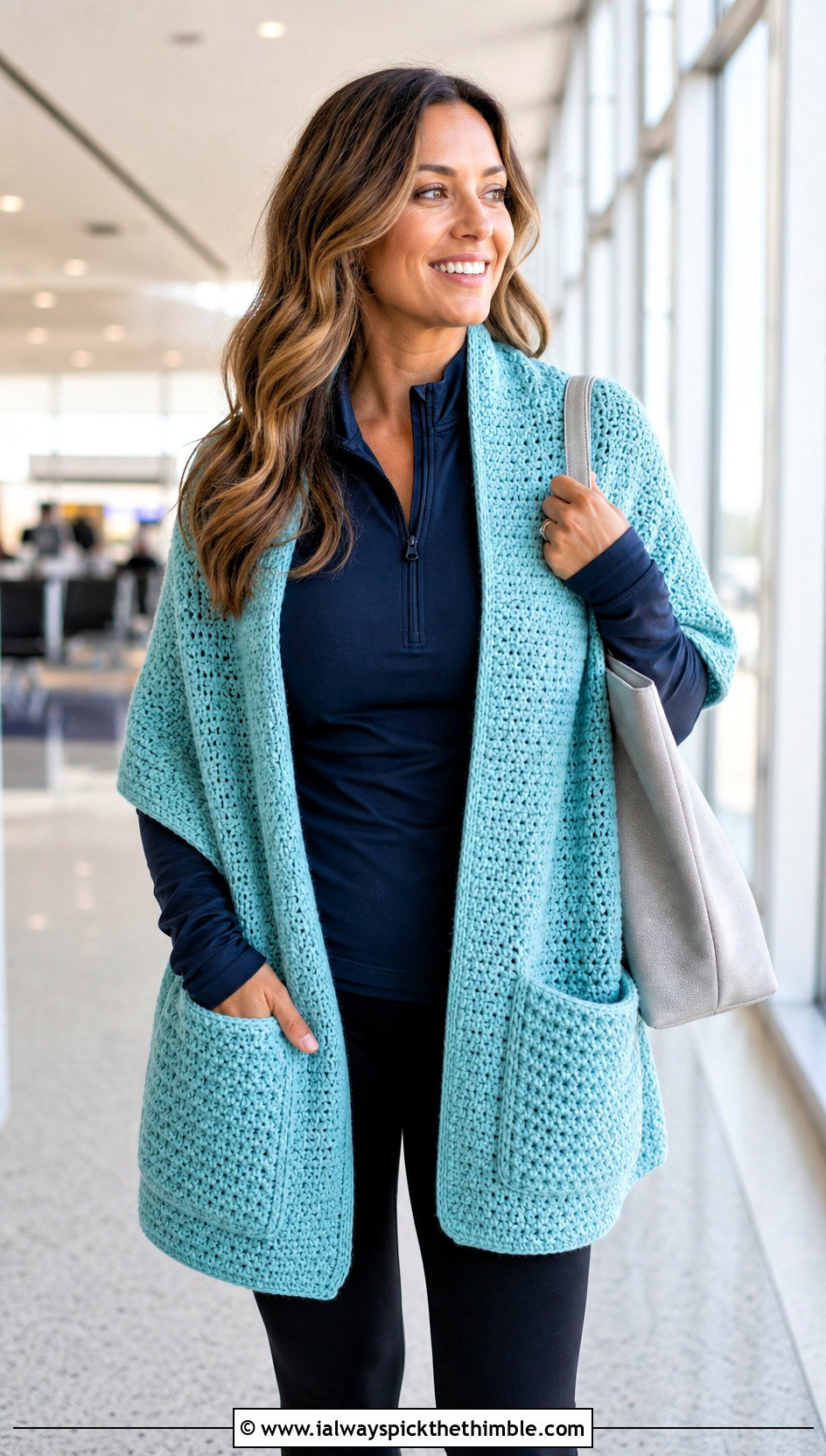 Pocket Crochet Shawl With Travel Leggings - 20 Simple Crochet Shawl outfit ideas