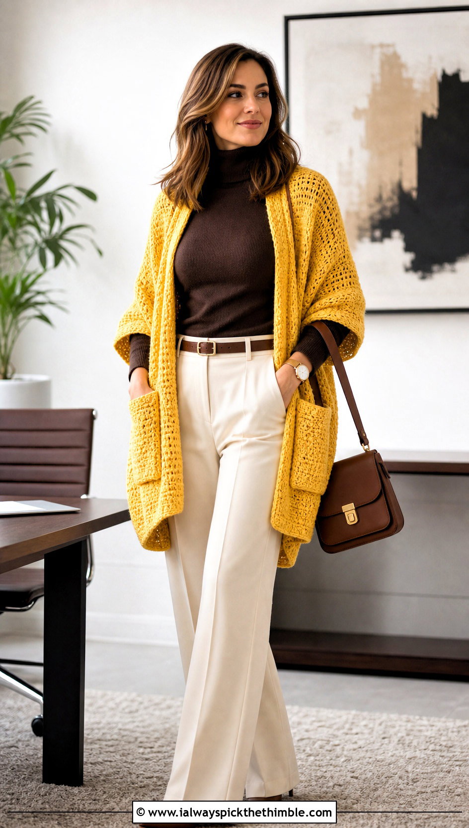Pocket Crochet Shawl With Turtleneck And Wide Leg Pants - 15 Easy Crochet Shawls outfit ideas