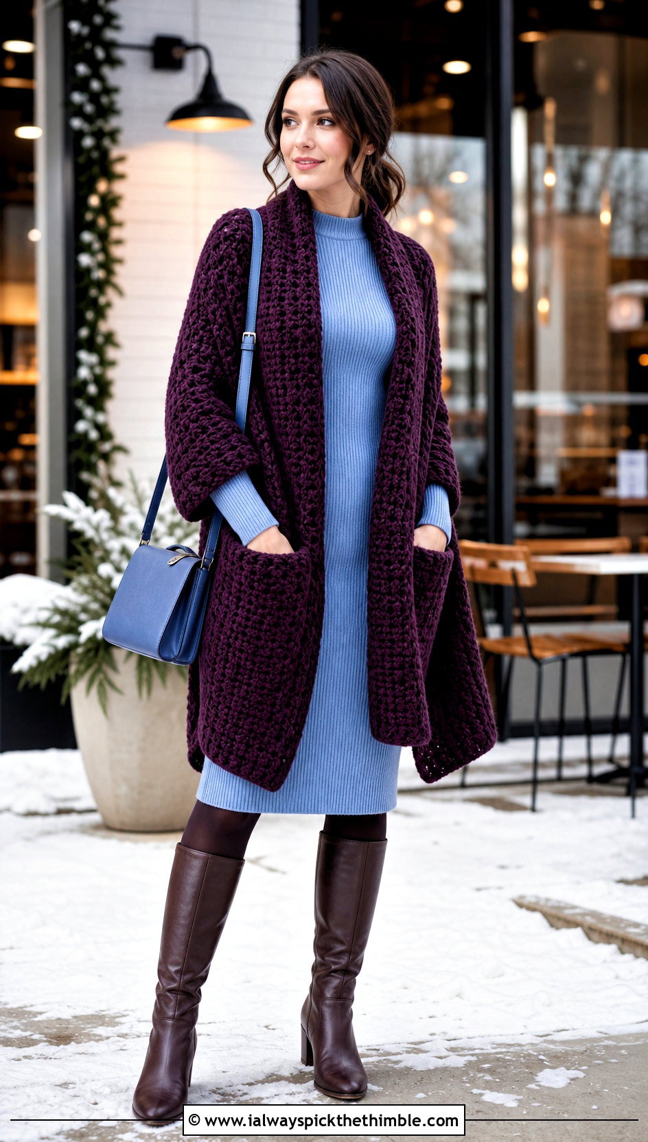 Pocket Crochet Shoulder Wrap With Sweater Dress - 20 Crochet Shoulder Shawl outfit ideas