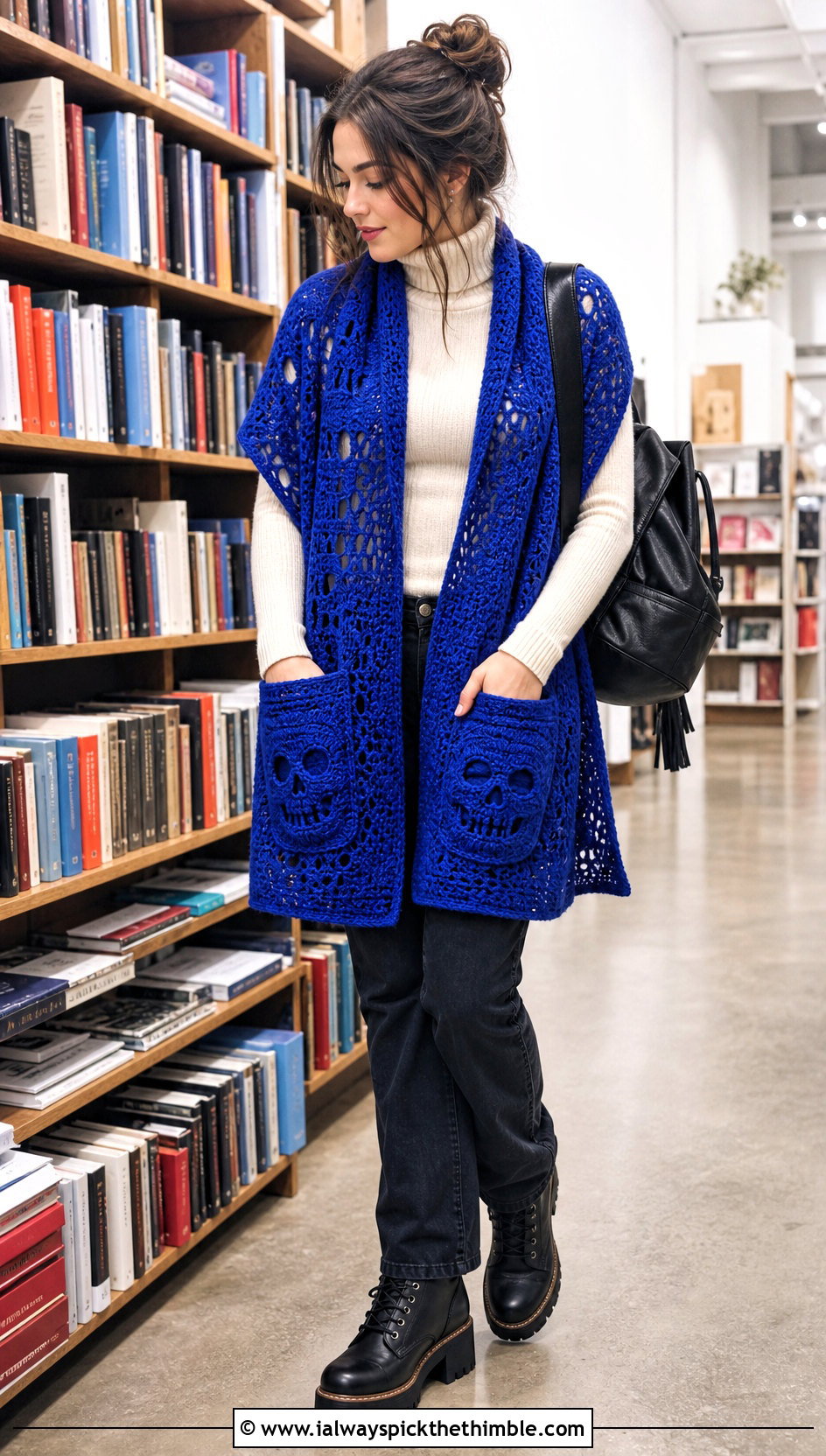 Pocket Crochet Skull Shawl With Turtleneck And Jeans - 25 crochet skull shawl outfit ideas