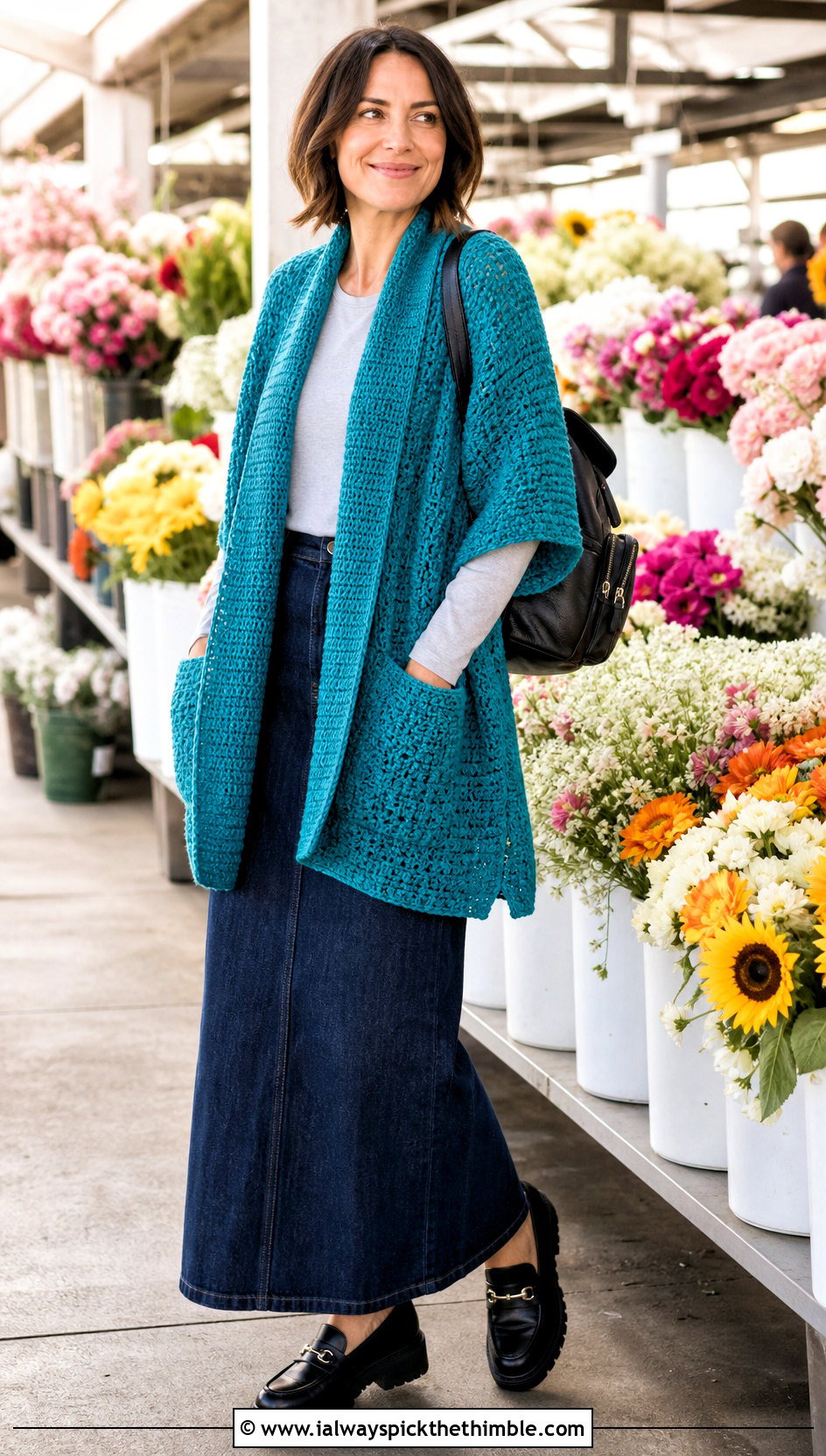 Pocket Crochet Spring Wrap With Denim Maxi Skirt - 15 Crochet Spring Wrap outfit ideas