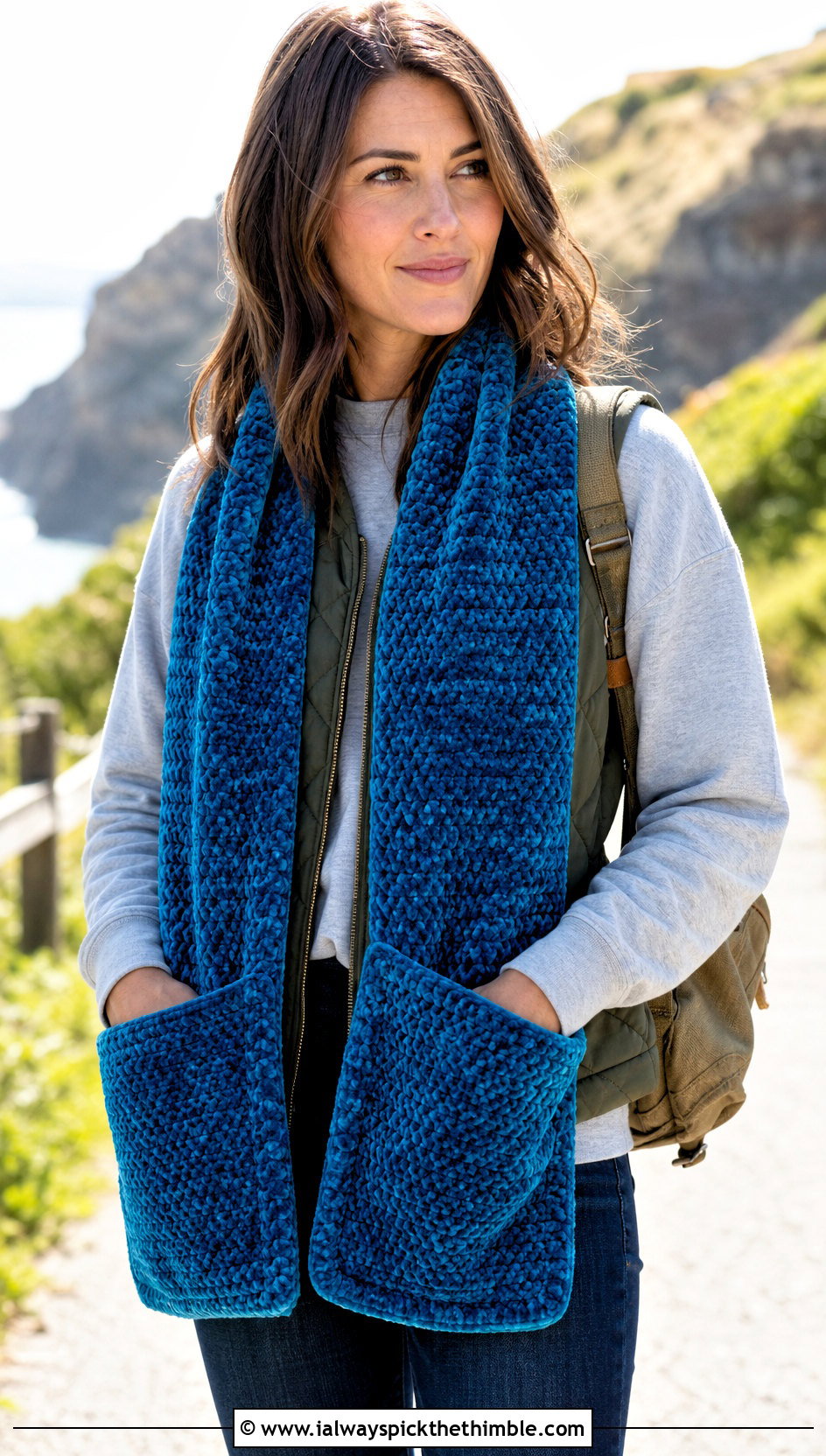 Pocket Crochet Velvet Scarf With Quilted Vest - 20 Crochet Velvet Scarf outfit ideas