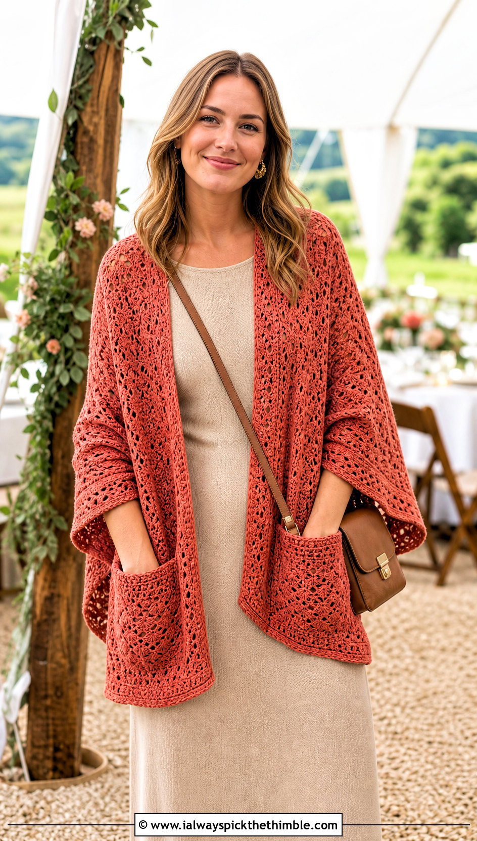 Pocket Crochet Wedding Shawl With Knit Maxi Dress - 25 crochet wedding shawl outfit ideas