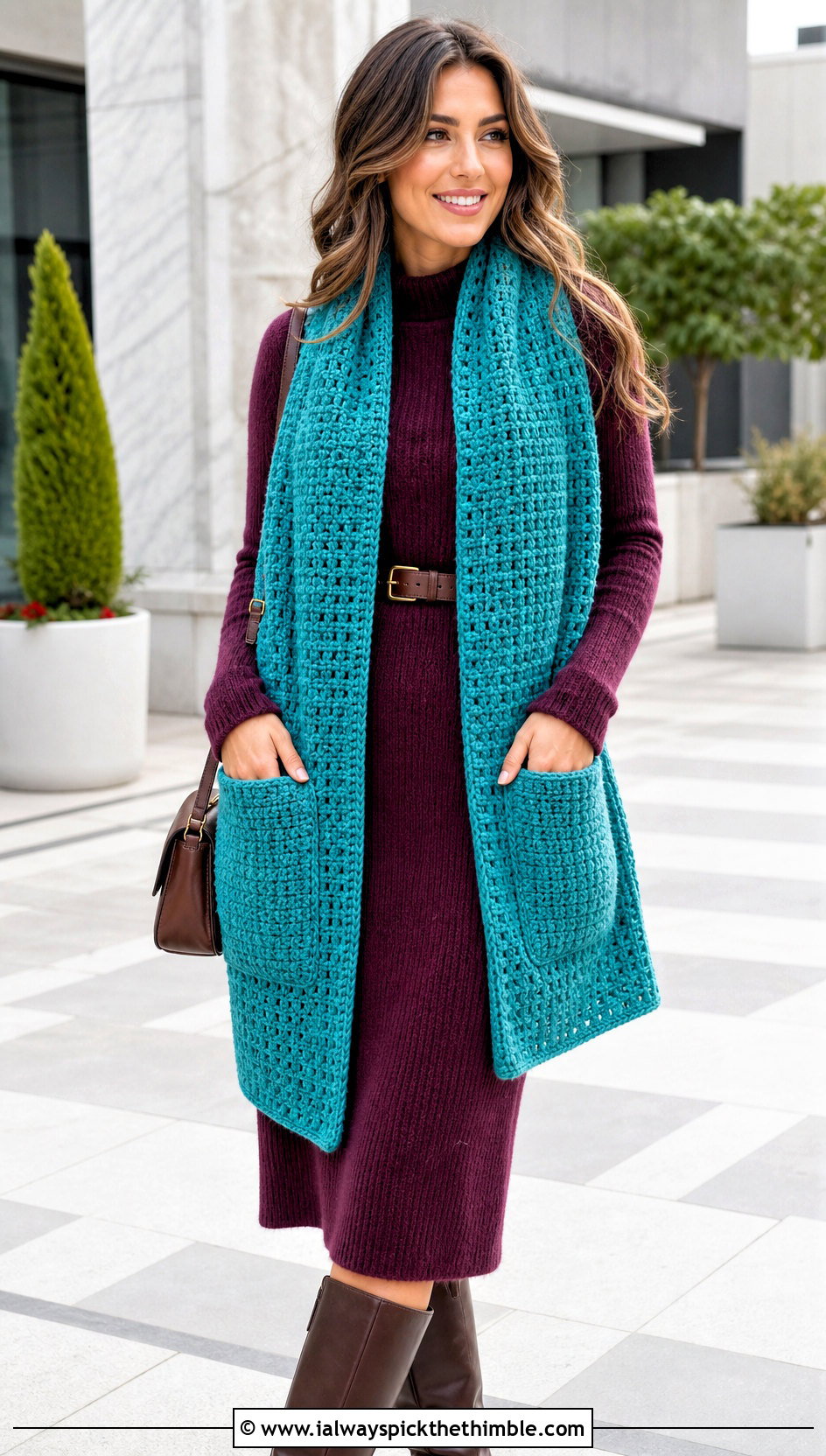 Pocket Crochet Wide Scarf With Sweater Dress - 20 Crochet Wide Scarf outfit ideas