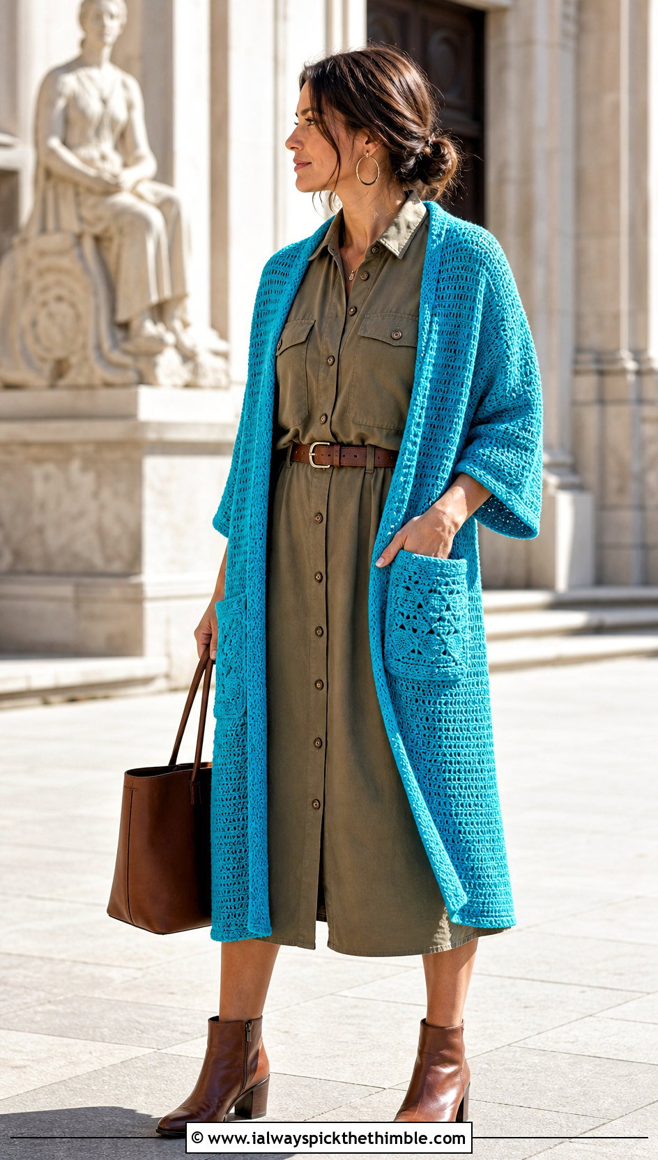 Pocket Crochet Wrap With Utility Dress - 20 crochet shawl wrap outfit ideas