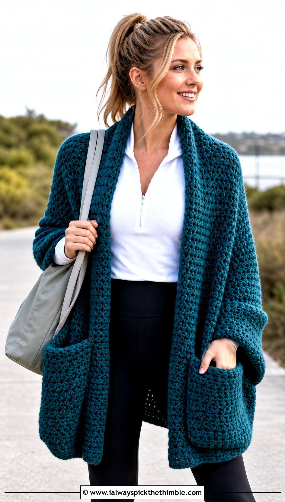Pocket Crocheted Shawl With Leggings And Sneakers - 20 Crocheted Shawl outfit ideas